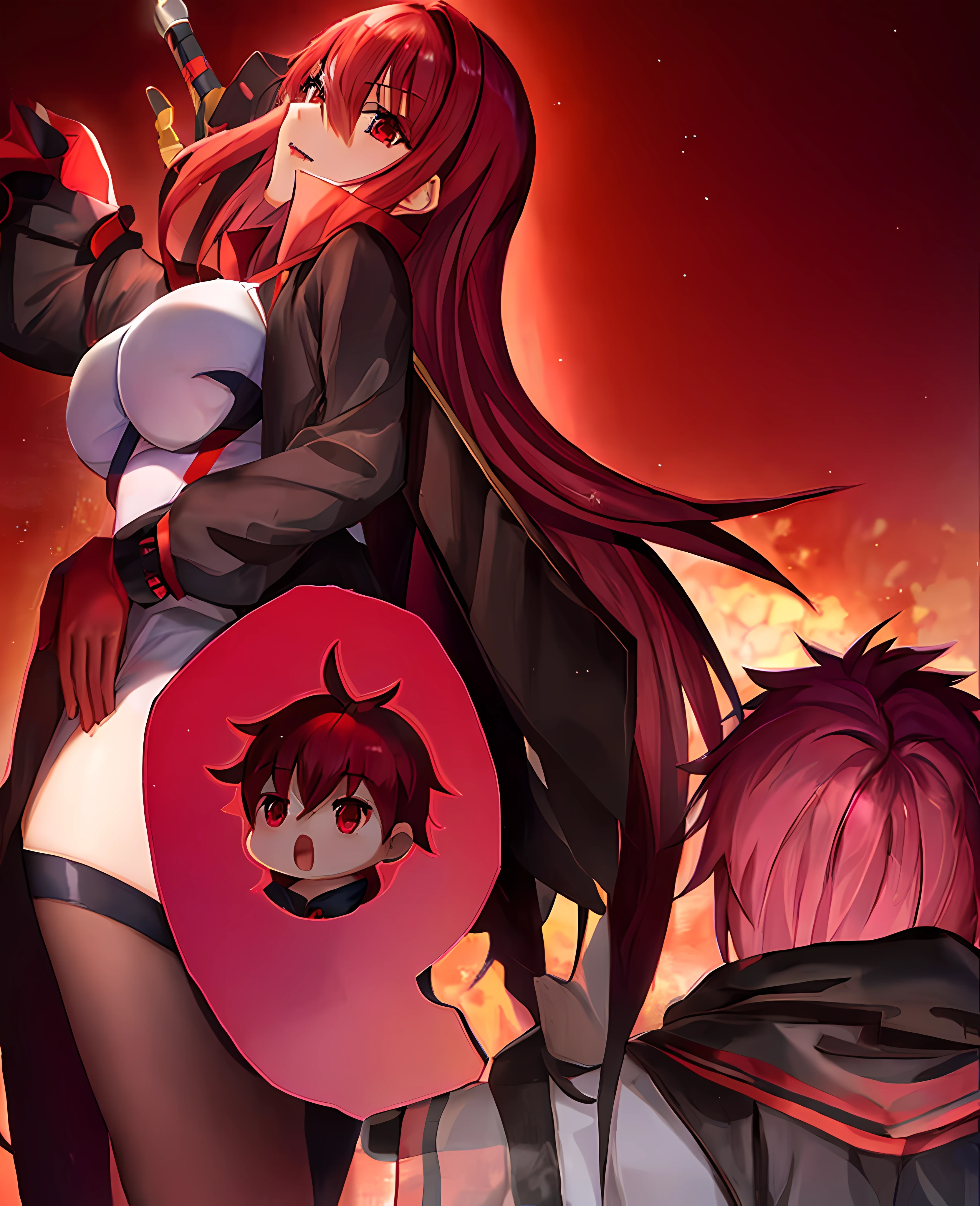 Menina anime com cabelo vermelho e uma espada nas costas, Capuzes vermelhos, terno asuka sob a roupa!, com capa, Rias Gremory, ela tem cabelos ruivos, highschool dxd, A magia vermelha a rodeia, Da Cryptid Academia, Tema carmesim, vermelho - bochechas!!, Arte Zerochan, capuz e capa, estilo anime gainax
