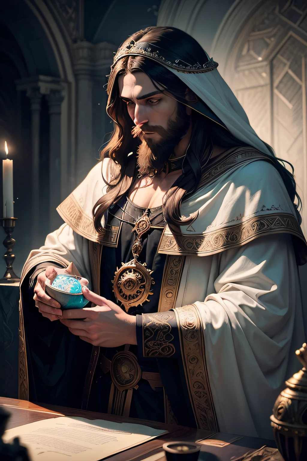 The most beautiful young man in his twenties ever with bright blue eyes, a big beard, long hair and a white cloak, perfect composition, beautiful detailed intricate insanely detailed octane render trending on artstation, 8 k artistic photography, photorealistic concept art, soft natural volumetric cinematic perfect light, chiaroscuro, award - winning photograph, masterpiece, oil on canvas, raphael, caravaggio, greg rutkowski, beeple, beksinski, giger com um copo de agua em um altar