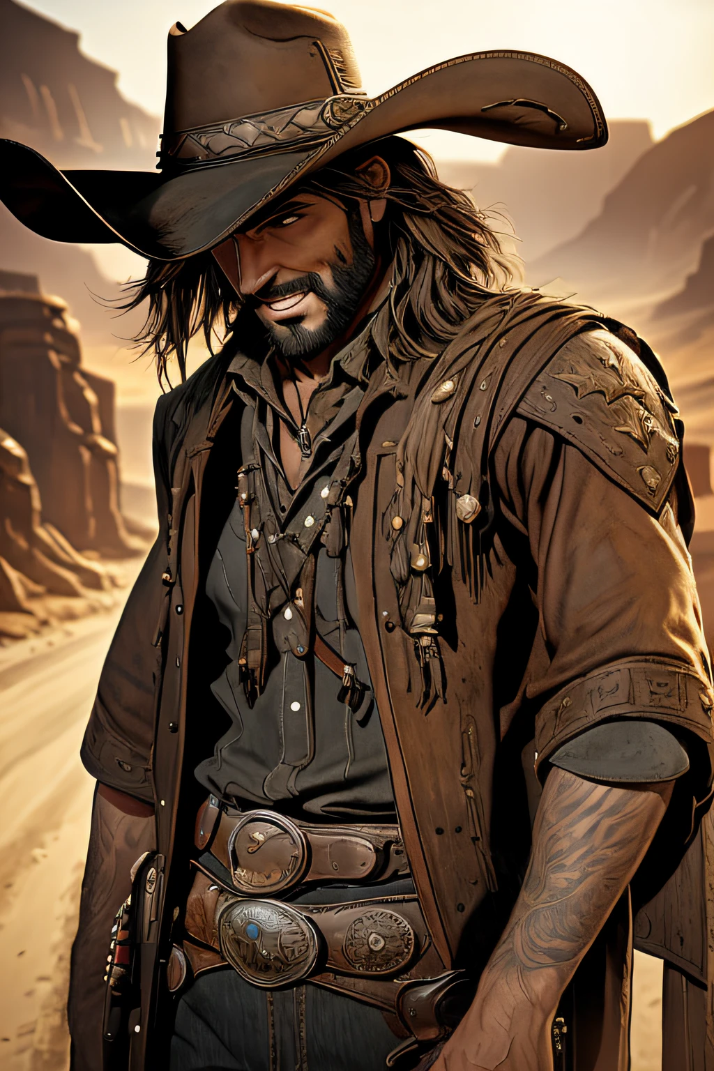 (a)gunslinger,man, cowboy hat,[wild west] scenery,sunlit desert,dusty road,cowboy boots,lonesome figure,smoldering eyes,toothy grin,(best quality),(realistic:1.37),portrait,western style,vivid colors,warm tones,backlit silhouette,shadowed face,Fantasy art, rpg,fantasy character,scars,Gun,revolver,pistol,smoke,