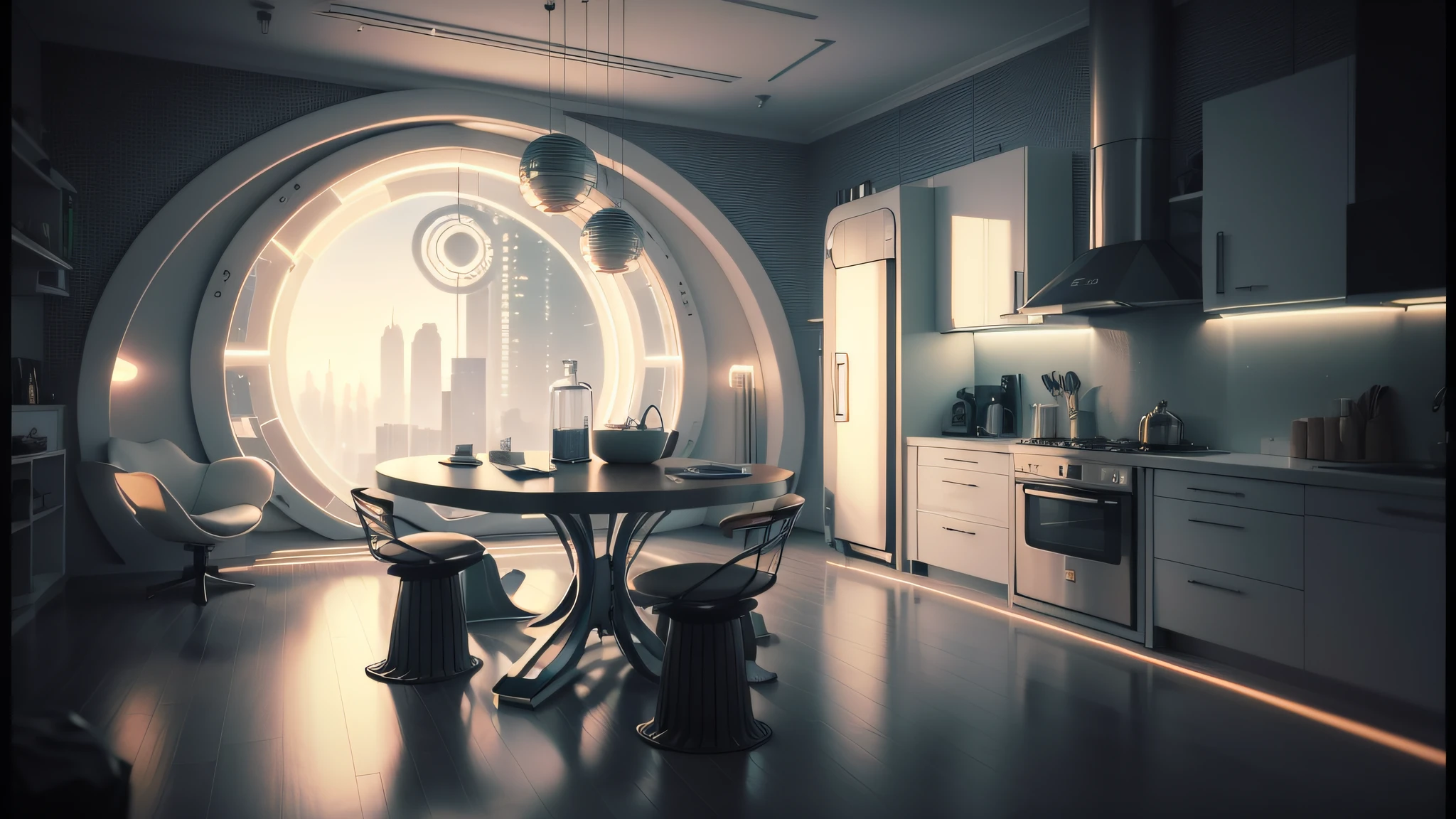 There is a table and chairs in the room with a round window,rice cooker,retro futuristic apartment,A futuristic。GameCG,futuristic room background,futuristic decor,futuristic interior,cyberpunk apartment,future science fiction。GameCG,CG Society 9,Futuristic room,bladerunner apartment,cyberpunk apartment,Sci-fi interior,dystopian city apartment,corona renderer,VraytTracking