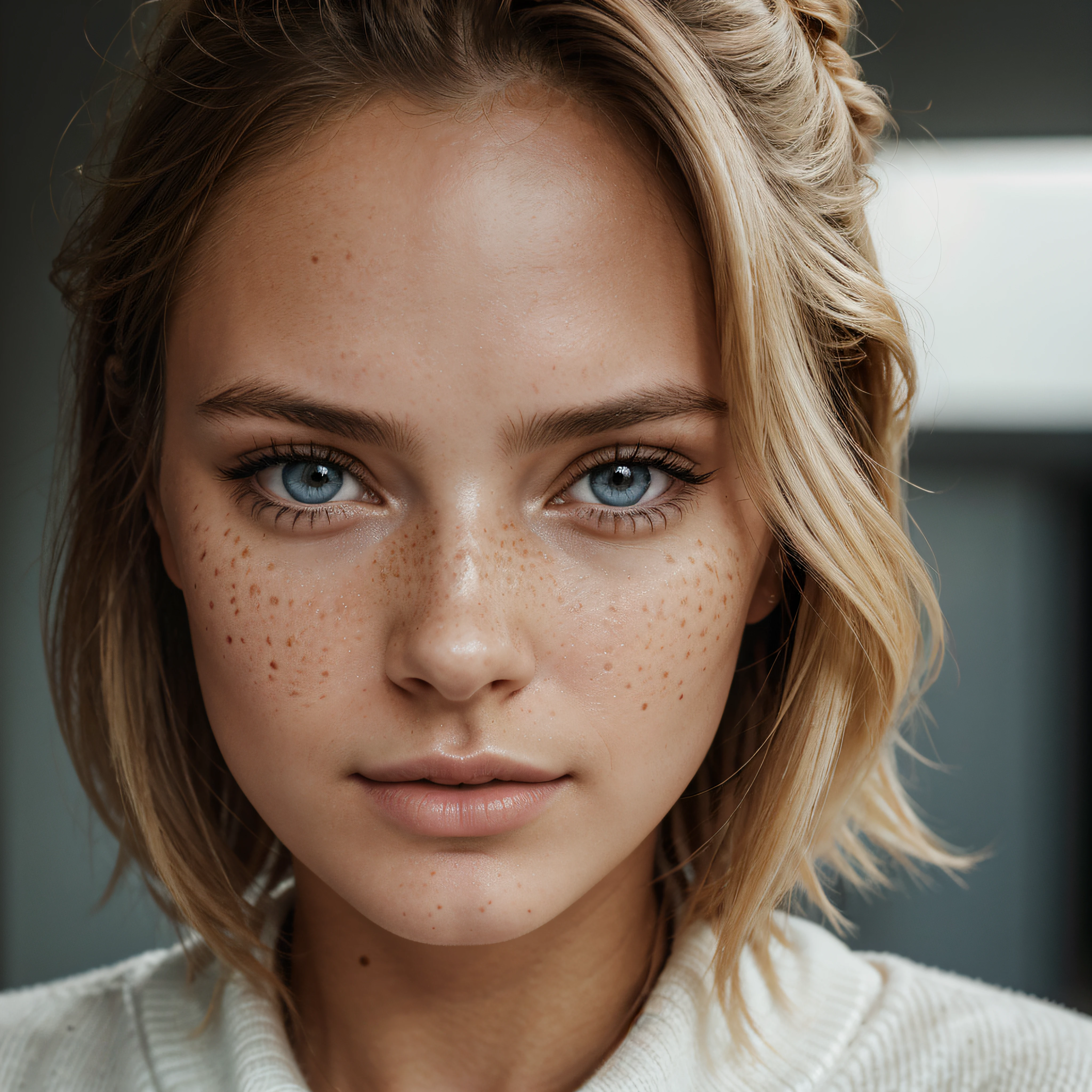 ultra face close up, face up,1Girl 18 years old, nur, Lange Haare, Blick auf den Betrachter, blonde hair, BLONDE, Blond girl, blaue Augen, Schmuck, Halskette, schulterfrei, pullover, lips, realistisch, Nase, Flirten mit der Kamera, close up shot, realism, detailed eyes, skin imperfection, small forhead, fine small freckles, natural, without reflection and shadow on the face, without glare, ultra high face texture, colours, realism, 8K, natural, big lips, full lips, hyper detailed photo, photorealistic, PHOTO, RAW, modeling, girl model, epic advertisment, cinematic shot, cinematic, pretty face, hot, sexy, NO WRINKLES,