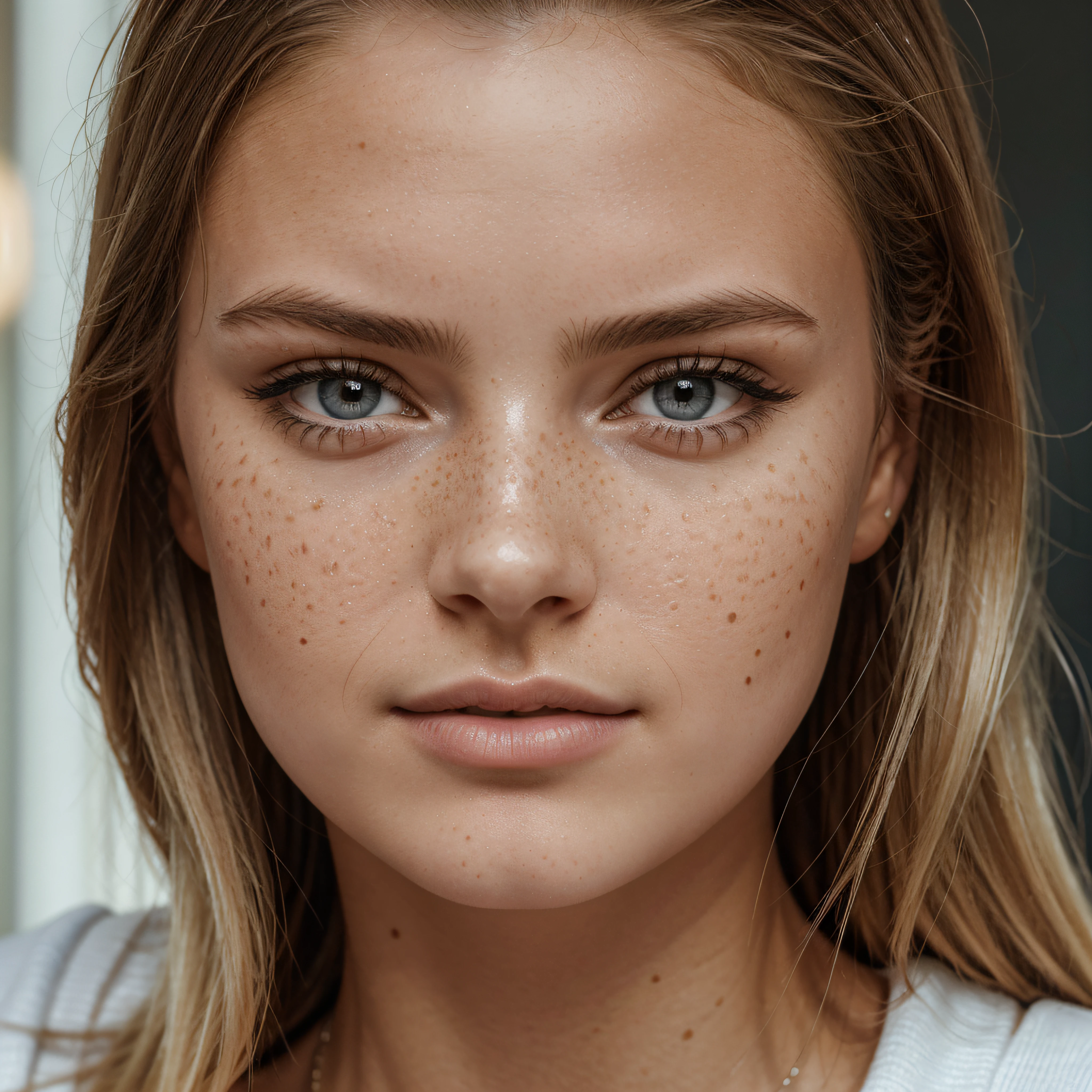 ultra face close up, face up,1Girl 18 years old, nur, Lange Haare, Blick auf den Betrachter, blonde hair, BLONDE, Blond girl, blaue Augen, Schmuck, Halskette, schulterfrei, pullover, lips, realistisch, Nase, Flirten mit der Kamera, close up shot, realism, detailed eyes, skin imperfection, small forhead, fine small freckles, natural, without reflection and shadow on the face, without glare, ultra high face texture, colours, realism, 8K, natural, big lips, full lips, hyper detailed photo, photorealistic, PHOTO, RAW, modeling, girl model, epic advertisment, cinematic shot, cinematic, pretty face, hot, sexy, NO WRINKLES,