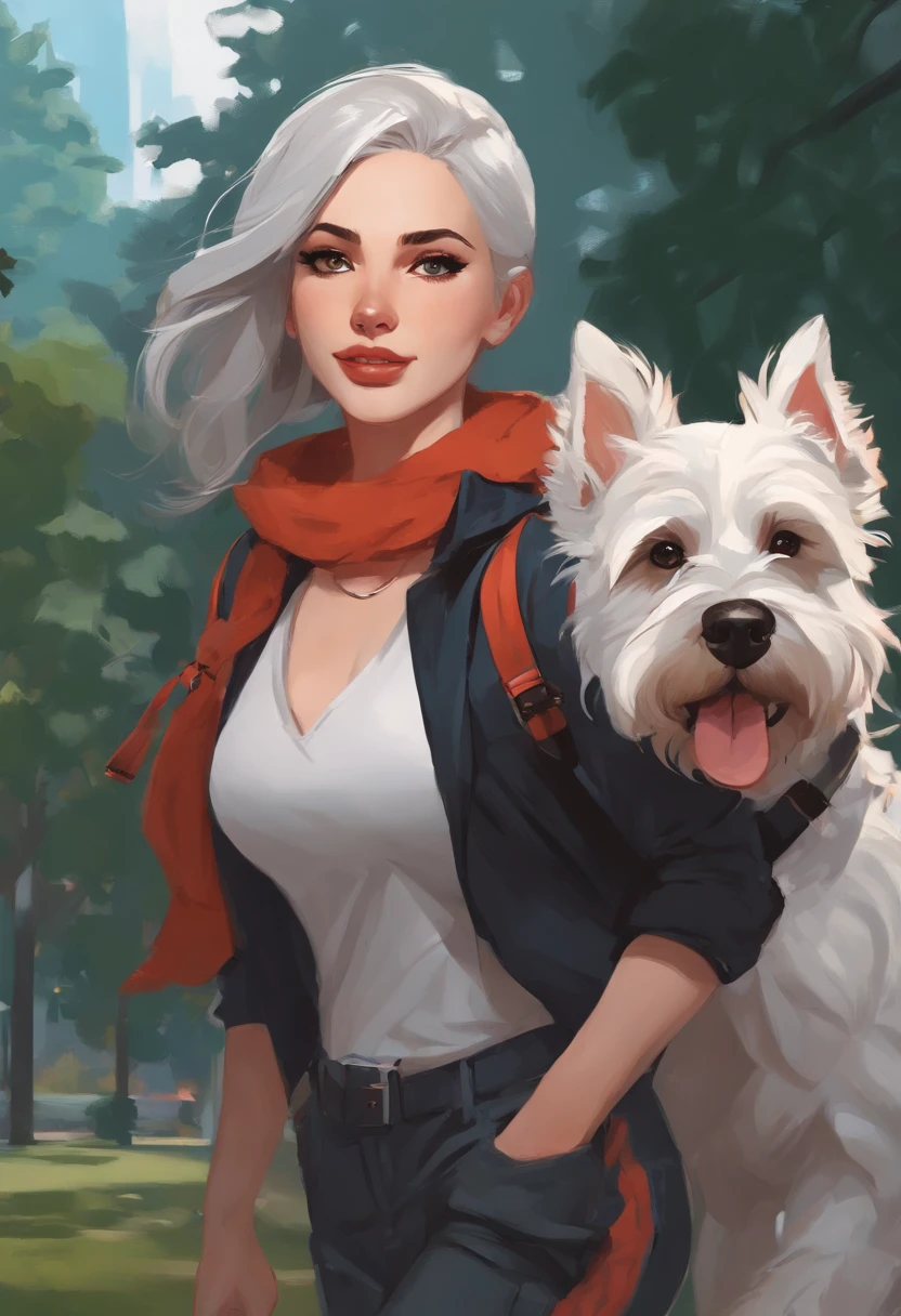 anime girl walking down a park with a backpack and walking a happy little schnauzer dog, cushart krenz key art feminine, inspired by Tomer Hanuka, style of charlie bowater, inspired by Asaf Hanuka, beautiful alluring anime woman, anya from spy x family, highly detailed exquisite fanart, fully clothed. painting of sexy, tifa lockhart with white hair