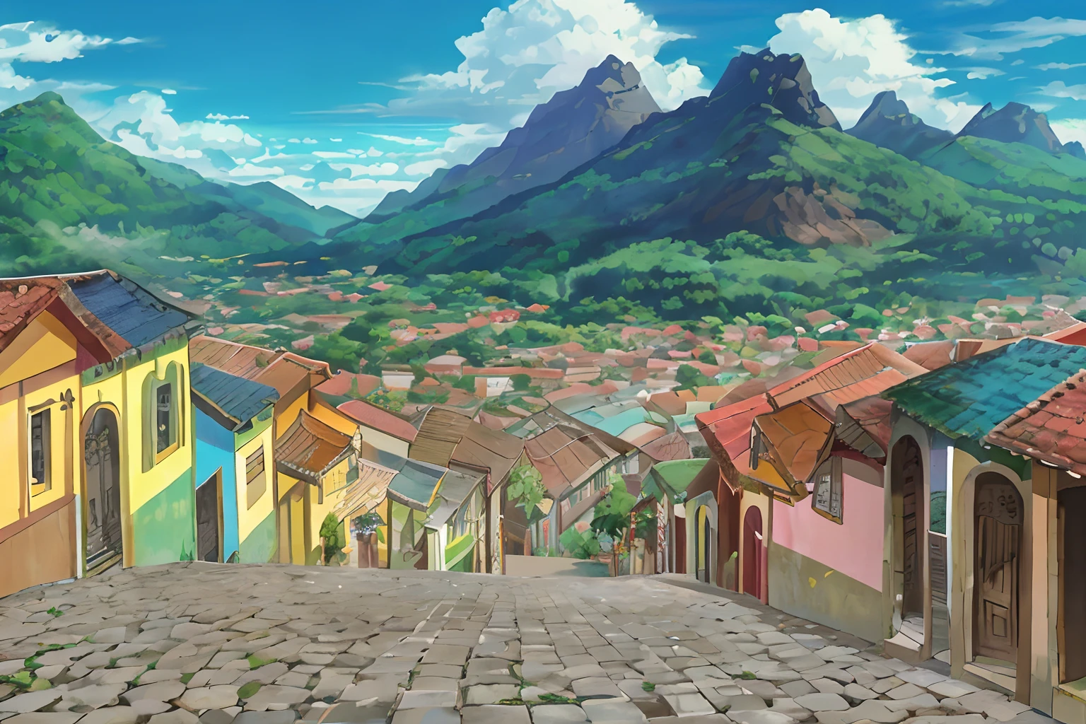 Uma rua de casas de taipa do nordeste do Brasil, estrada ladrilhada