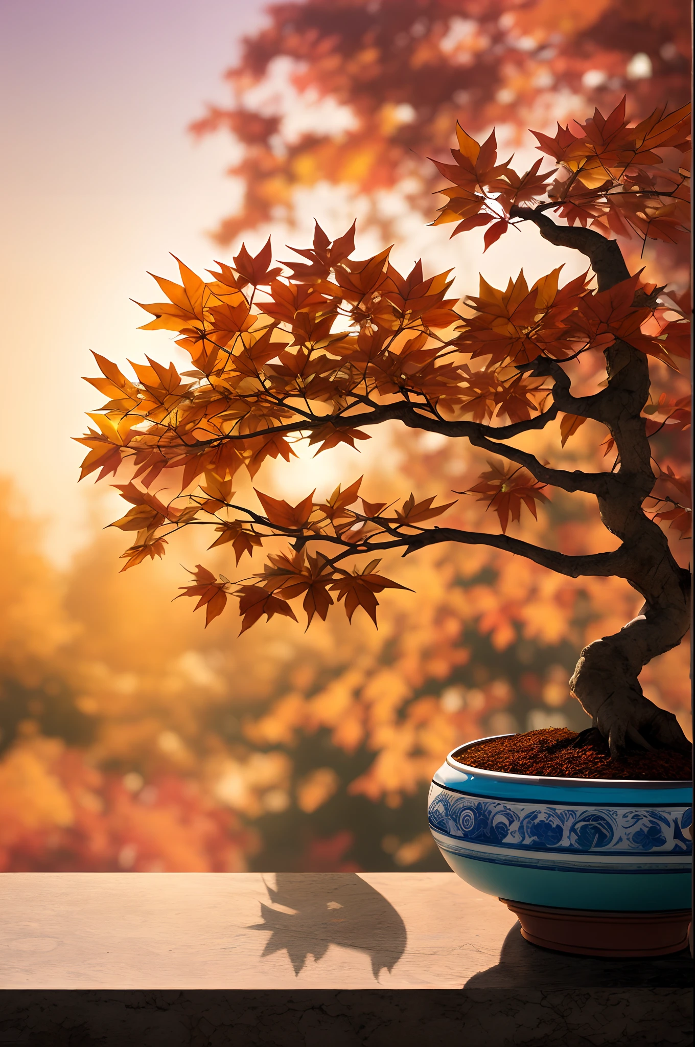 Colored leaves、Trees with autumn leaves、beautiful autumn colors,Ultra-exquisite details, intricate detailes, Cinematic, Hyper Real Soft Light, Sunset lighting, Diffuse Soft Light, Shallow depth of field, Sharp focus bokeh, Ray tracing, Subsurface scattering, Super Detail, (meticulous, Super refined) , Surreal realism, Bonsai on the windowsill, evening, Sunset, Bonsai illuminated by the setting sun, plant, potted plant, still-life, Autumn, Autumn leaves, stone garden, potted, Haze, masters , Award-Winning Works