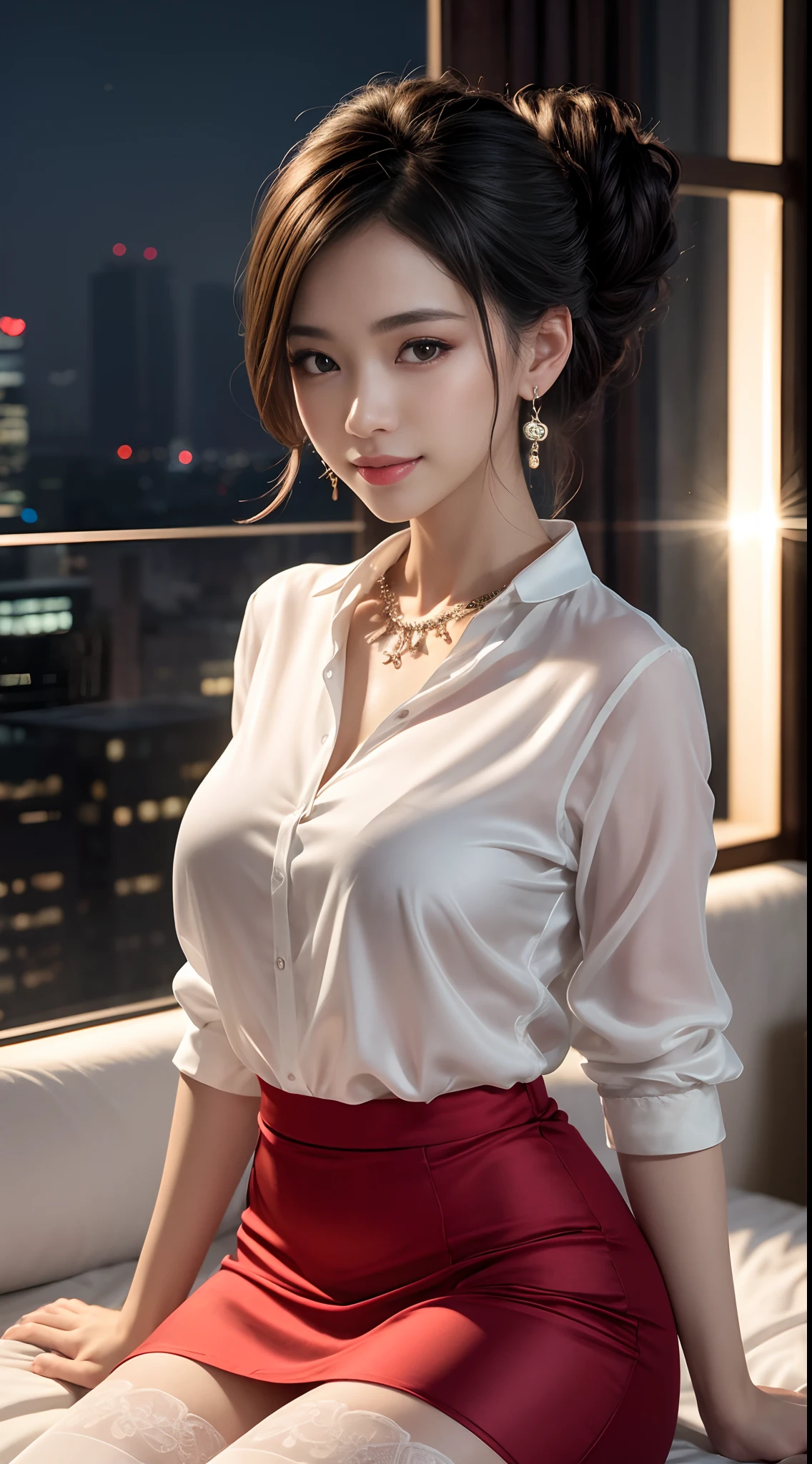 8k, masterpiece, RAW photo, best quality, photorealistic, extremely detailed CG unity 8k wallpaper, Depth of field, Cinematic Light, Lens Flare, Ray tracing, (extremely beautiful face, beautiful lips, beautiful eyes), intricate detail face, ((ultra detailed skin)) 1girl, in the dark, deep shadow, pretty asian girl, very slim slender fit-muscled body), ((looking at viewer)),(big smile), (blurry background), midnight, (pretty asian girl), earrings, bracelets, necklace, clear eyes, shot, (pale skin), face forward, (big eyes), ((close up shot)), (looking at viewer), medium breasts,((smile)), (see through), (open breasts), ( very slim), (white silk shirt), ((red silk skirt)), thick thighs, updo hair, laced blouse, laced stockings, rooftop, dim lights, big windows, bed, ((night)), cityscape,