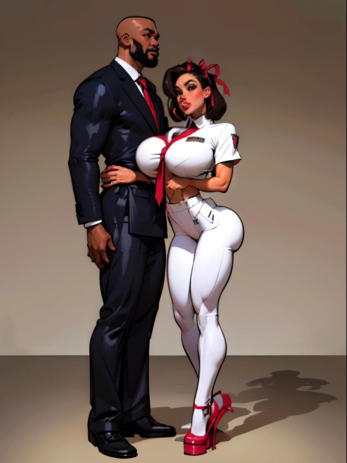 Lonely young adult girl, Tall stature, large chest, closed mouth, asian face: brown eyes; black hair; sharp facial features; dimple on the chin; asian; ; pronounced high cheekbones; high forehead, stands upright, (gigantic breasts:1.4), detailed face, school uniform: large ribbon; pants, Full-length painting, white crew socks, black heels, big eyes, Thepit style