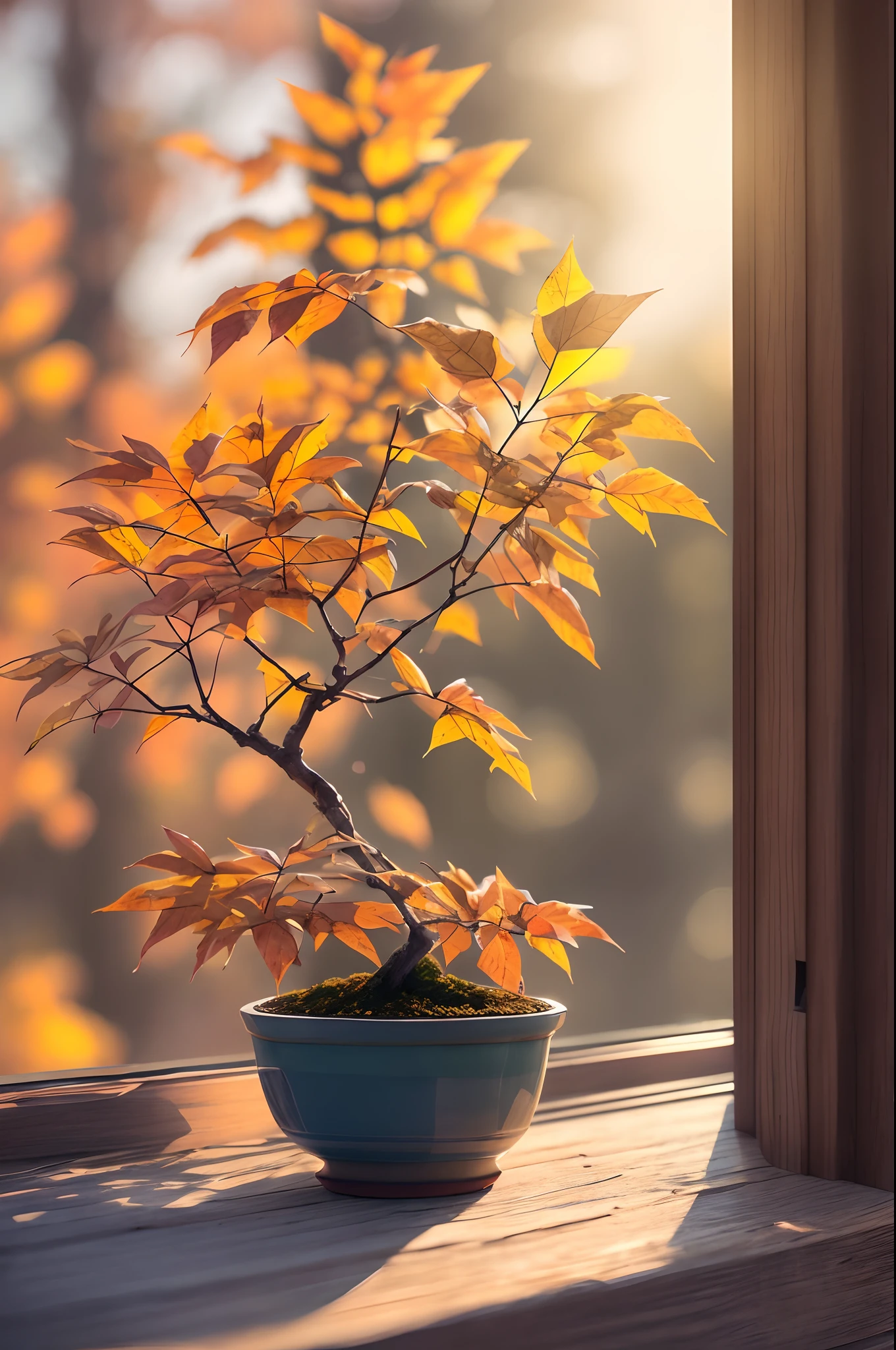 Colored leaves、Trees with autumn leaves、beautiful autumn colors,Ultra-exquisite details, intricate detailes, Cinematic, Hyper Real Soft Light, Sunset lighting, Diffuse Soft Light, Shallow depth of field, Sharp focus bokeh, Ray tracing, Subsurface scattering, Super Detail, (meticulous, Super refined) , Surreal realism, Bonsai on the windowsill, evening, Sunset, Bonsai illuminated by the setting sun, plant, potted plant, still-life, Autumn, Autumn leaves, stone garden, potted, Haze, masters , Award-Winning Works