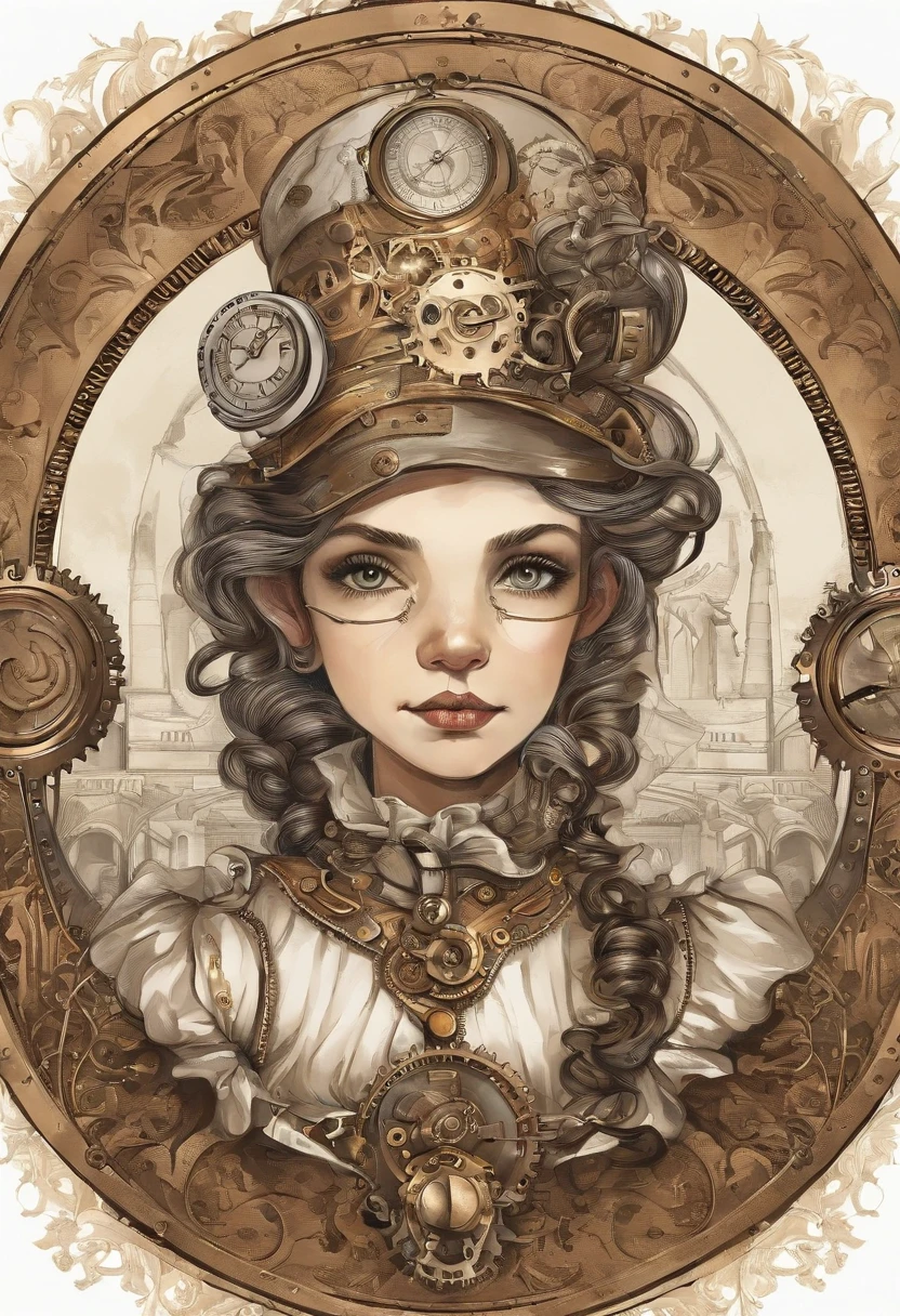  A fresco in the style of oil painter depicting a very steampunk small girl in the clouds. Full body. Background is in the war. A lot of steampunk details. The atmosphere is a combination of classical art and a light touch of steampunk aesthetics. Full of steampunk details.