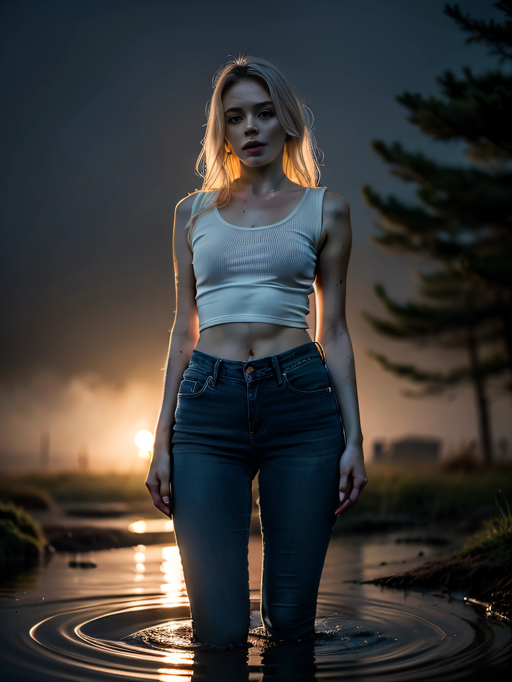 A mature woman with the appearance of a housewife drowns in a swamp. She's wearing jeans. We see, that she is sexually tense from what is happening,, but embarrassed by the observer. looks like, She satisfies her fetish here. Mud around. Dark and mysterious tones,Fog lighting. Strong smell of mud in the air, And its yellow light adds even more mystery to the picture. A woman is immersed in mud to the waist, But her face is not visible - only her body, covered with jeans. It is expressed with a face and a posture shown, that she enjoys her fetish. Around darkness and fog, creating even more mystery.