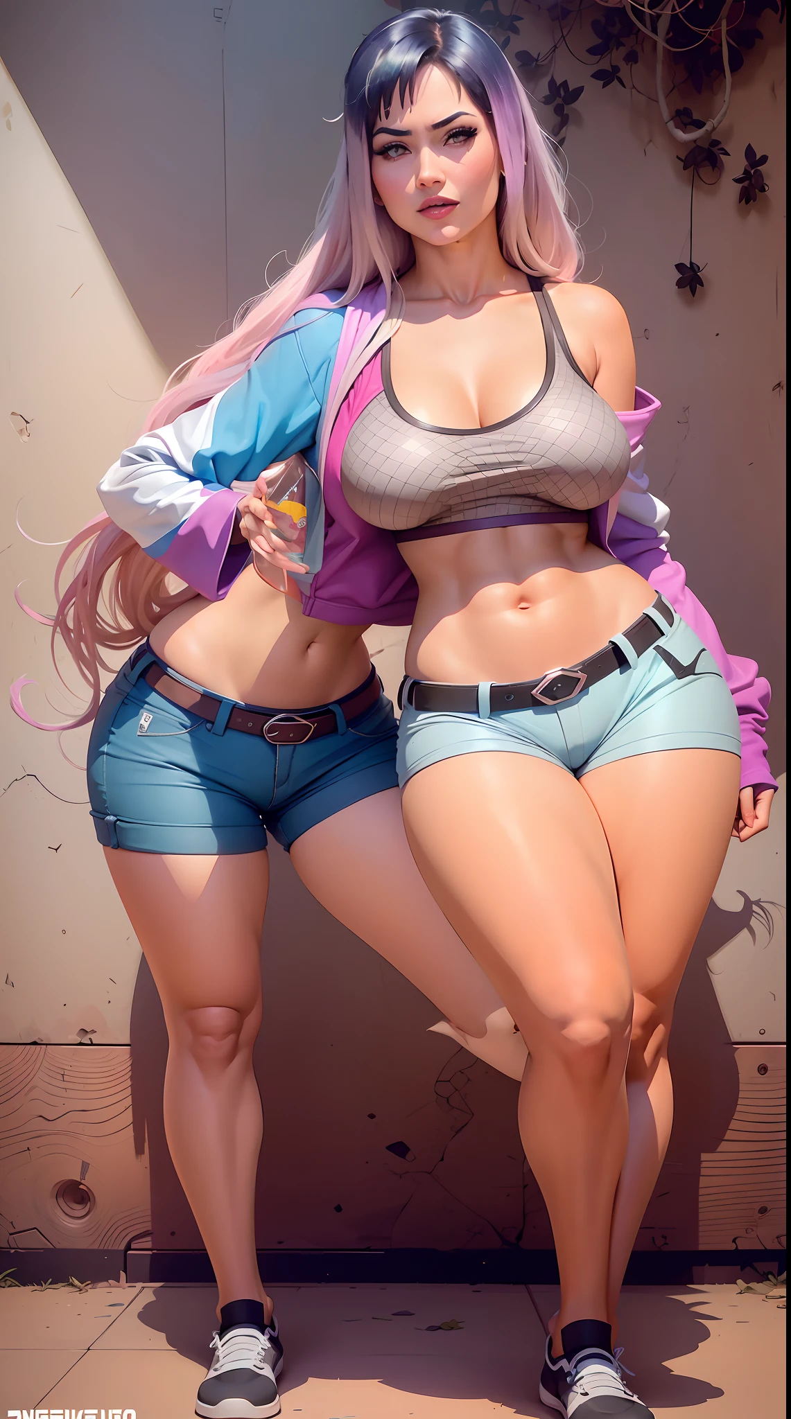 Hinata Hyuga, extremamente sexy, short curto, bermuda curta, bunda grande, pernas grossas, camiseta da Barbie, mostrando Umbigo, mostrando parte da bunda, Air Jordan Sneakers, corpo inteiro, Chameleon color background, 8k
