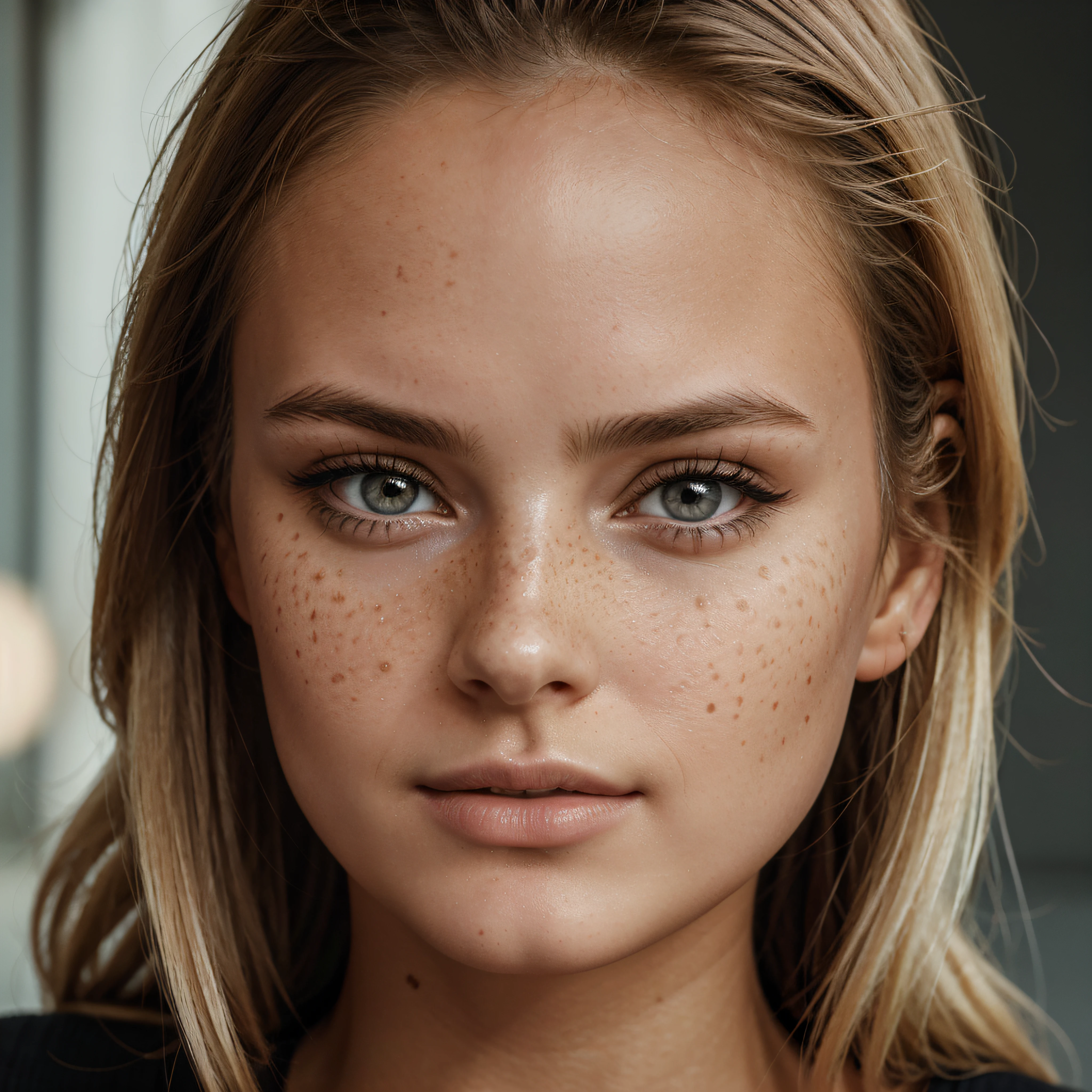 ultra face close up, face up,1Girl 18 years old, nur, Lange Haare, Blick auf den Betrachter, blonde hair, BLONDE, Blond girl, blaue Augen, Schmuck, Halskette, schulterfrei, pullover, lips, realistisch, Nase, Flirten mit der Kamera, close up shot, realism, detailed eyes, skin imperfection, small forhead, fine small freckles, natural, without reflection and shadow on the face, without glare, ultra high face texture, colours, realism, 8K, natural, big lips, full lips, hyper detailed photo, photorealistic, PHOTO, RAW, modeling, girl model, epic advertisment, cinematic shot, cinematic, pretty face, hot, sexy, NO WRINKLES,