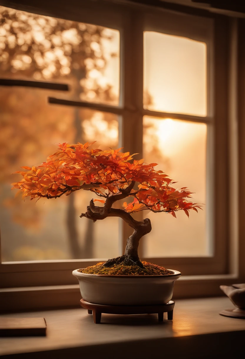Colored leaves、Trees with autumn leaves、Beautiful autumn leaves,Ultra-exquisite details, intricate detailes, Cinematic, Hyper Real Soft Light, Sunset lighting, Diffuse Soft Light, Shallow depth of field, Sharp focus bokeh, Ray tracing, Subsurface scattering, Super Detail, (meticulous, Super refined) , Surreal realism, Bonsai on the windowsill, evening, Sunset, Bonsai illuminated by the setting sun, plant, potted plant, still-life, Autumn, Autumn leaves, stone garden, potted plant, Haze, masters , Award-Winning Works