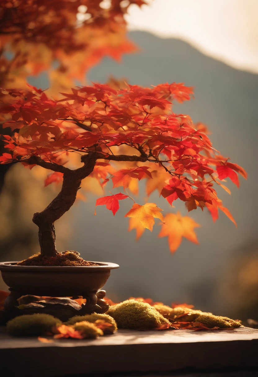 Colored leaves、Trees with autumn leaves、Beautiful autumn leaves,Ultra-exquisite details, intricate detailes, Cinematic, Hyper Real Soft Light, Sunset lighting, Diffuse Soft Light, Shallow depth of field, Sharp focus bokeh, Ray tracing, Subsurface scattering, Super Detail, (meticulous, Super refined) , Surreal realism, Bonsai on the windowsill, evening, Sunset, Bonsai illuminated by the setting sun, plant, potted plant, still-life, Autumn, Autumn leaves, stone garden, potted plant, Haze, masters , Award-Winning Works