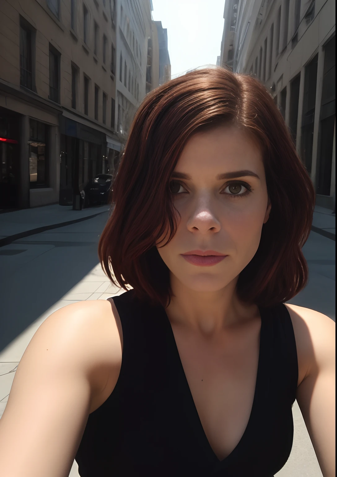 A selfie of older Kate Mara with Mia Wallace's hair, pas de maquillage, Taken with iPhone camera, avant de sortir le soir