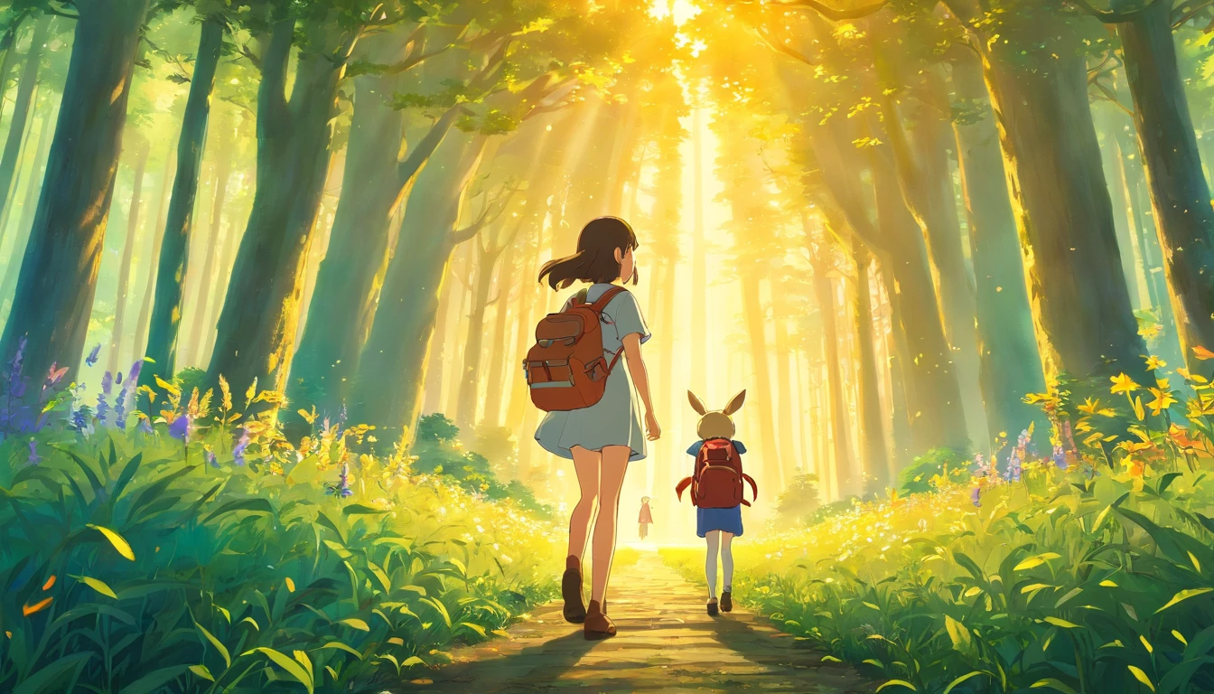 masterpiece, 4k, 8k, detailed, A breathtaking, wide-angle view of the enchanted forest bathed in the golden light of the setting sun, with Lily standing in awe at the edge of the forest, holding her backpack. Birds are flying in the distance, and fireflies create a magical atmosphere.