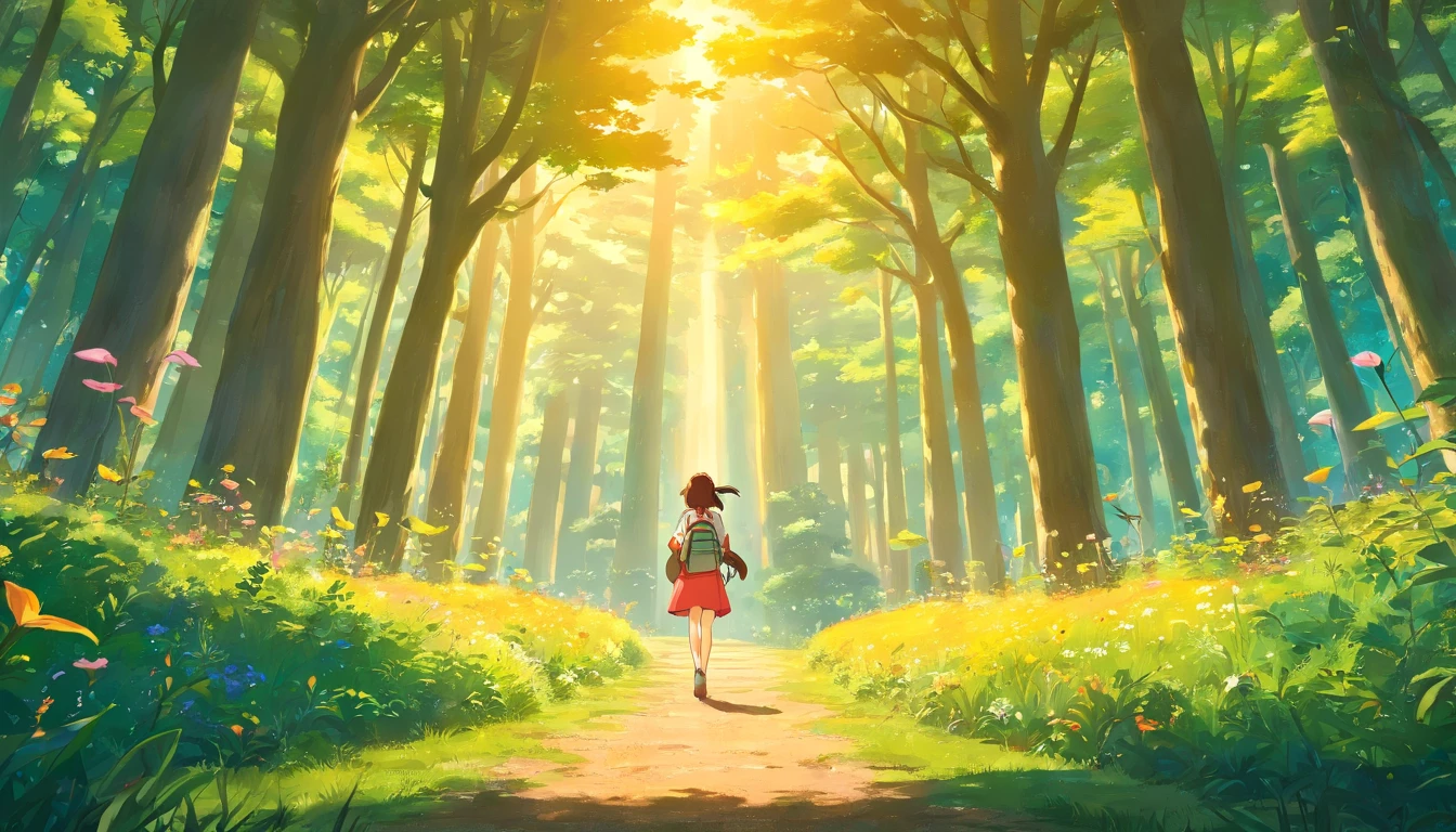 masterpiece, 4k, 8k, detailed, A breathtaking, wide-angle view of the enchanted forest bathed in the golden light of the setting sun, with Lily standing in awe at the edge of the forest, holding her backpack. Birds are flying in the distance, and fireflies create a magical atmosphere.