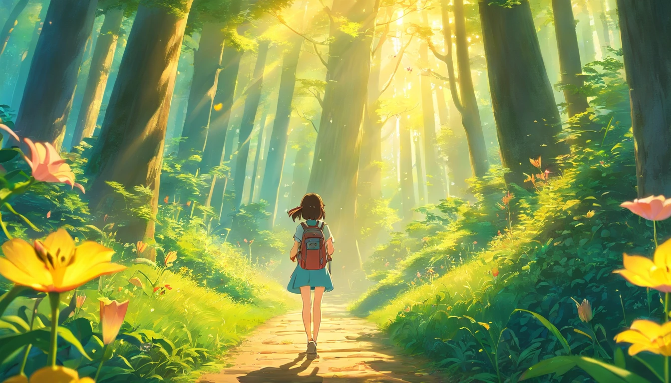 masterpiece, 4k, 8k, detailed, A breathtaking, wide-angle view of the enchanted forest bathed in the golden light of the setting sun, with Lily standing in awe at the edge of the forest, holding her backpack. Birds are flying in the distance, and fireflies create a magical atmosphere.