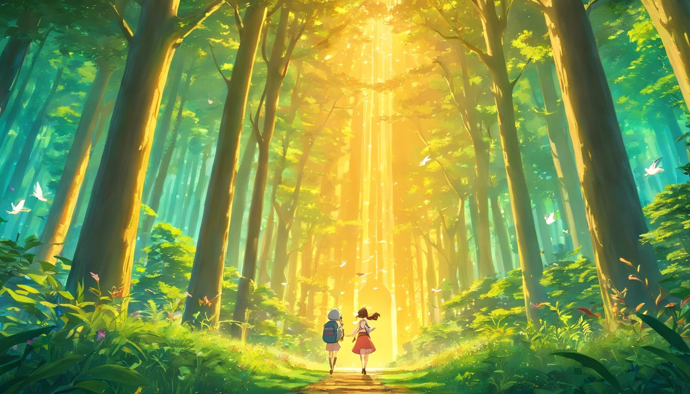 masterpiece, 4k, 8k, detailed, A breathtaking, wide-angle view of the enchanted forest bathed in the golden light of the setting sun, with Lily standing in awe at the edge of the forest, holding her backpack. Birds are flying in the distance, and fireflies create a magical atmosphere.