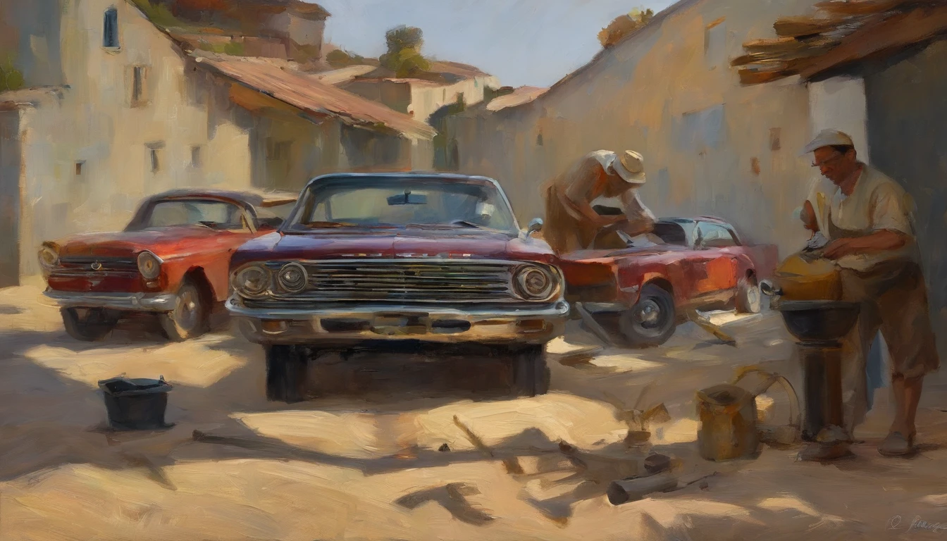 obra prima、qualidade superior、Piece、um close-up、com luz brilhante、felicidade、Cool morning sun、(spark:0.7) 、passear、Paisagens dois homens jovens, bonitos trabalhando em um carro em uma garagem, Mechanicalgirl, mechnical, inspect in inventory image, maintenance, advanced technique, editing, automotivo, Directed by: Matias Jama, Charismatic young mechanic, ombro na frente pose, Foto de Stock, maintenance photo, conhecimento intenso, trabalho profissional, highly technical, fundo interessante, Shutterstock, Directed by: Oskar Lüthy