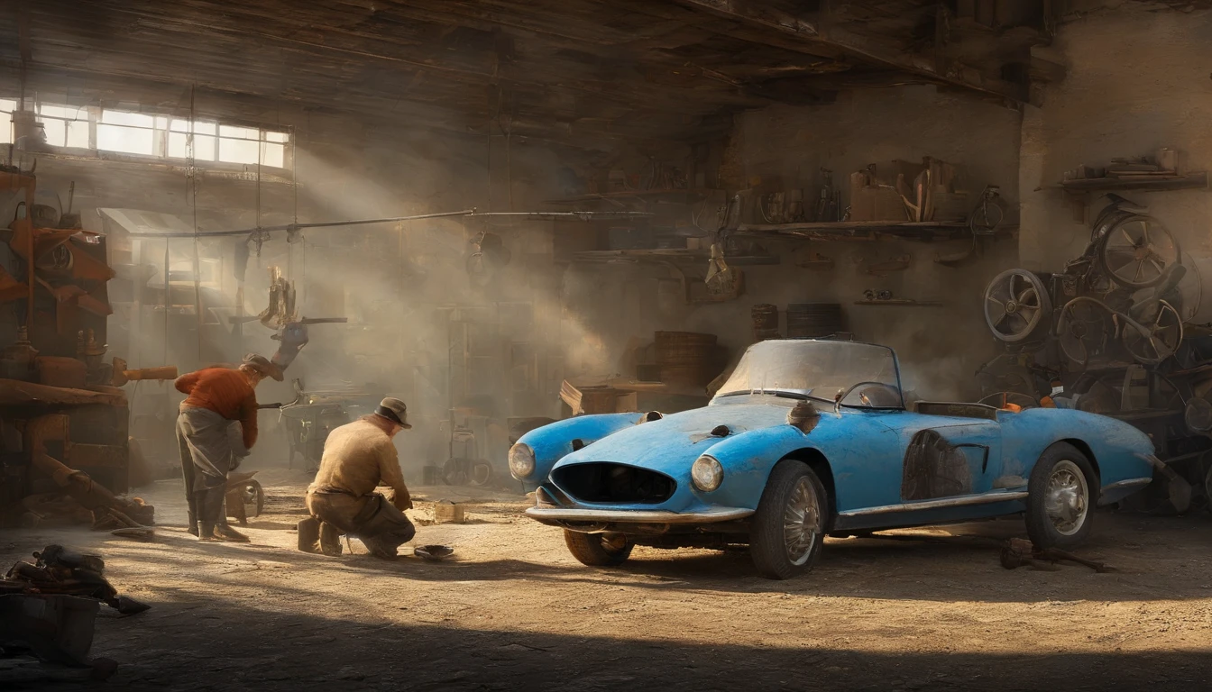 obra prima、qualidade superior、Piece、um close-up、com luz brilhante、felicidade、Cool morning sun、(spark:0.7) 、passear、Paisagens dois homens jovens, bonitos trabalhando em um carro em uma garagem, Mechanicalgirl, mechnical, inspect in inventory image, maintenance, advanced technique, editing, automotivo, Directed by: Matias Jama, Charismatic young mechanic, ombro na frente pose, Foto de Stock, maintenance photo, conhecimento intenso, trabalho profissional, highly technical, fundo interessante, Shutterstock, Directed by: Oskar Lüthy