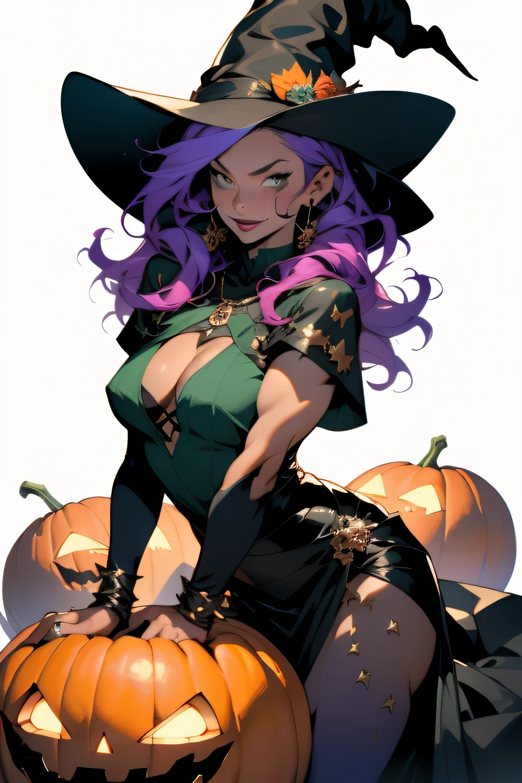 (((Simon Bisley))), Mature woman 35 years muscular gorgeous, sexy halloween witch, wild with perfect body, a big jack o lantern on her hand, wearing little witch clothes, green long hair, witch hat, tight purple dress, sitting on a big jack o lantern, sensual pose, add movements, large breasts, white background, birds eye view angle,
