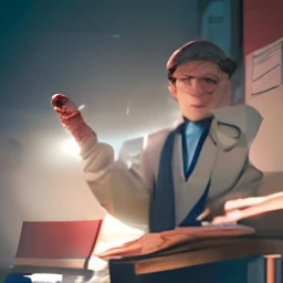 A male classroom wearing glasses teaches in a classroom，Use your hand to indicate what is written on the board，The expression is more godless，Wearing a megaphone，The hair is very short，（（Middle-aged and older）），There is gray hair