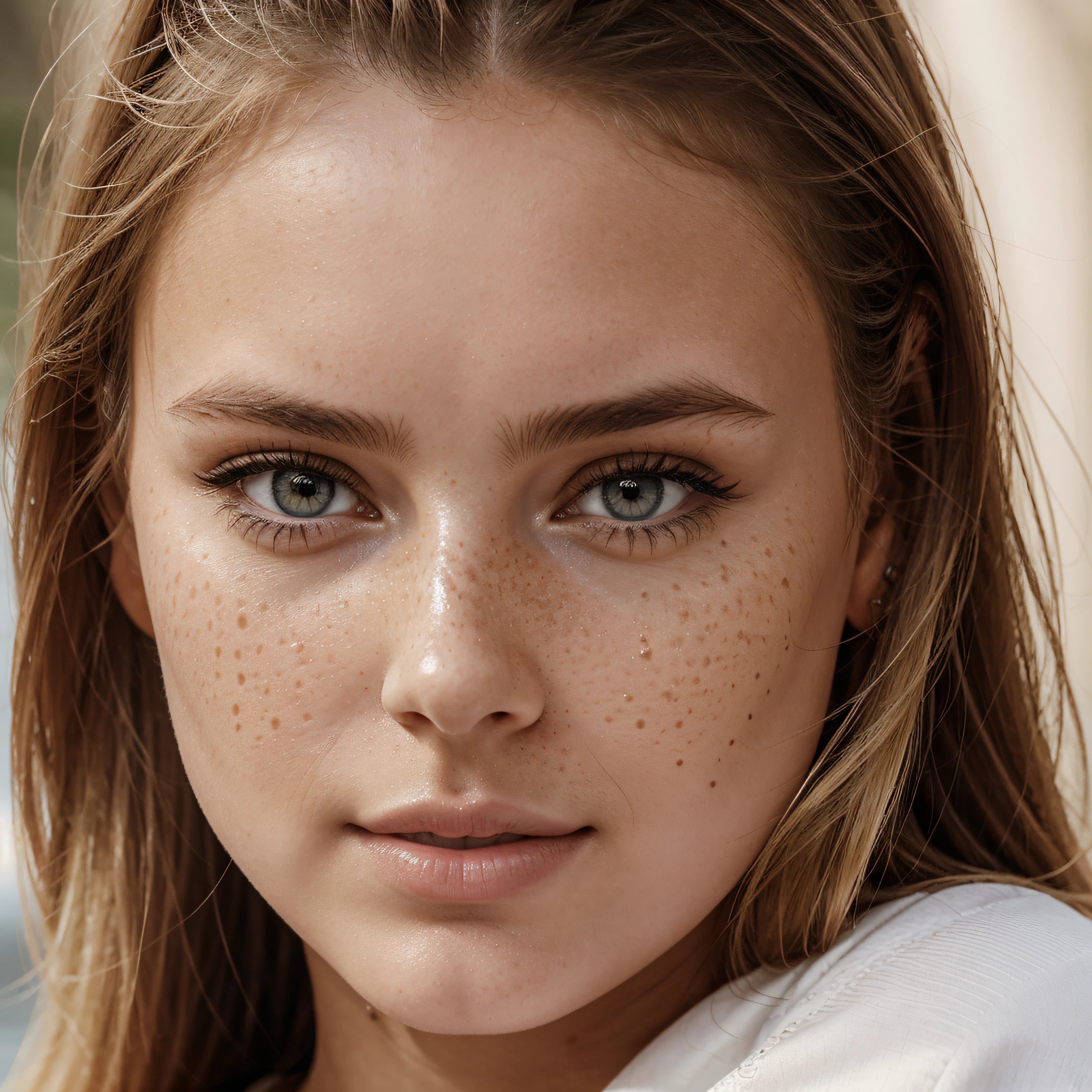 ultra face close up, face up,1Girl 18 years old, nur, Lange Haare, Blick auf den Betrachter, blonde hair, BLONDE, Blond girl, blaue Augen, Schmuck, Halskette, schulterfrei, pullover, lips, realistisch, Nase, Flirten mit der Kamera, close up shot, realism, detailed eyes, skin imperfection, small forhead, fine small freckles, natural, without reflection and shadow on the face, without glare, ultra high face texture, colours, realism, 8K, natural, big lips, full lips, hyper detailed photo, photorealistic, PHOTO, RAW, modeling, girl model, epic advertisment, cinematic shot, cinematic, pretty face, hot, sexy, NO WRINKLES,