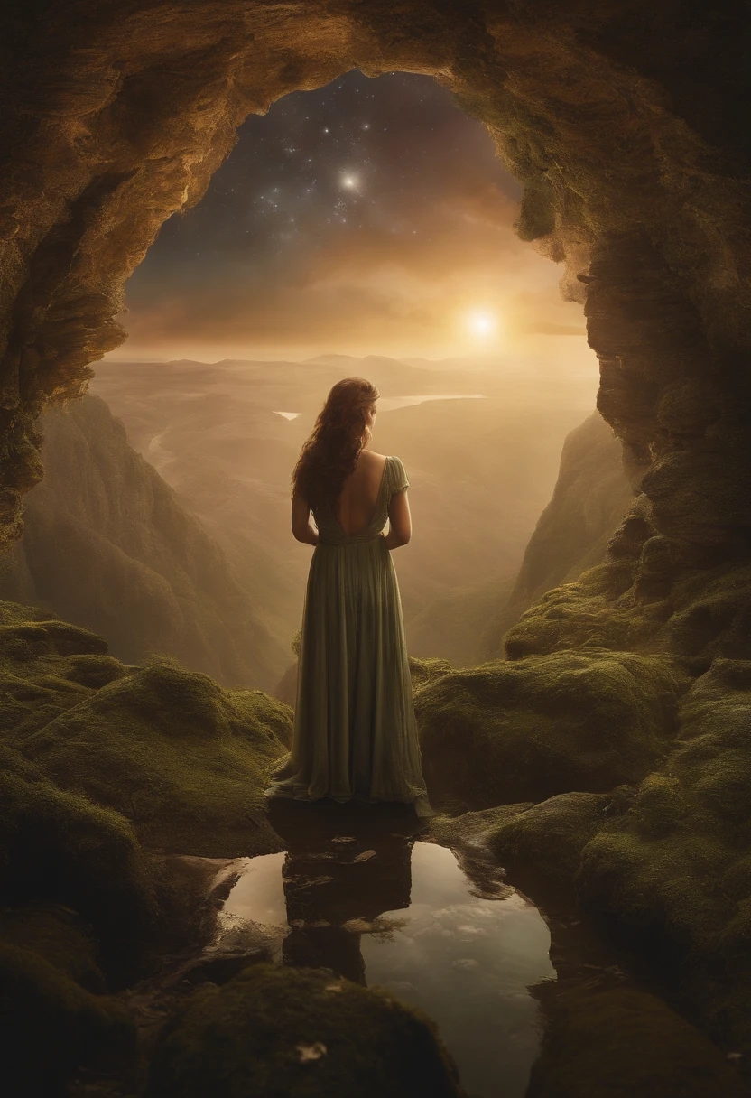 Em um surreal, fantastic world, Nossa mulher deslumbrante com cabelos castanhos ondulados longos possui olhos que parecem guardar os segredos do universo. She is in the middle of the universe in the sky, seus cabelos em cascata como uma cachoeira de ouro. The atmosphere is otherworldly, com um senso de magia e maravilha. This prompt runs in a highly detailed digital art style, combinando realismo com elementos de fantasia, Usando uma lente grande angular (24 mm) para capturar a grandiosidade da cena,