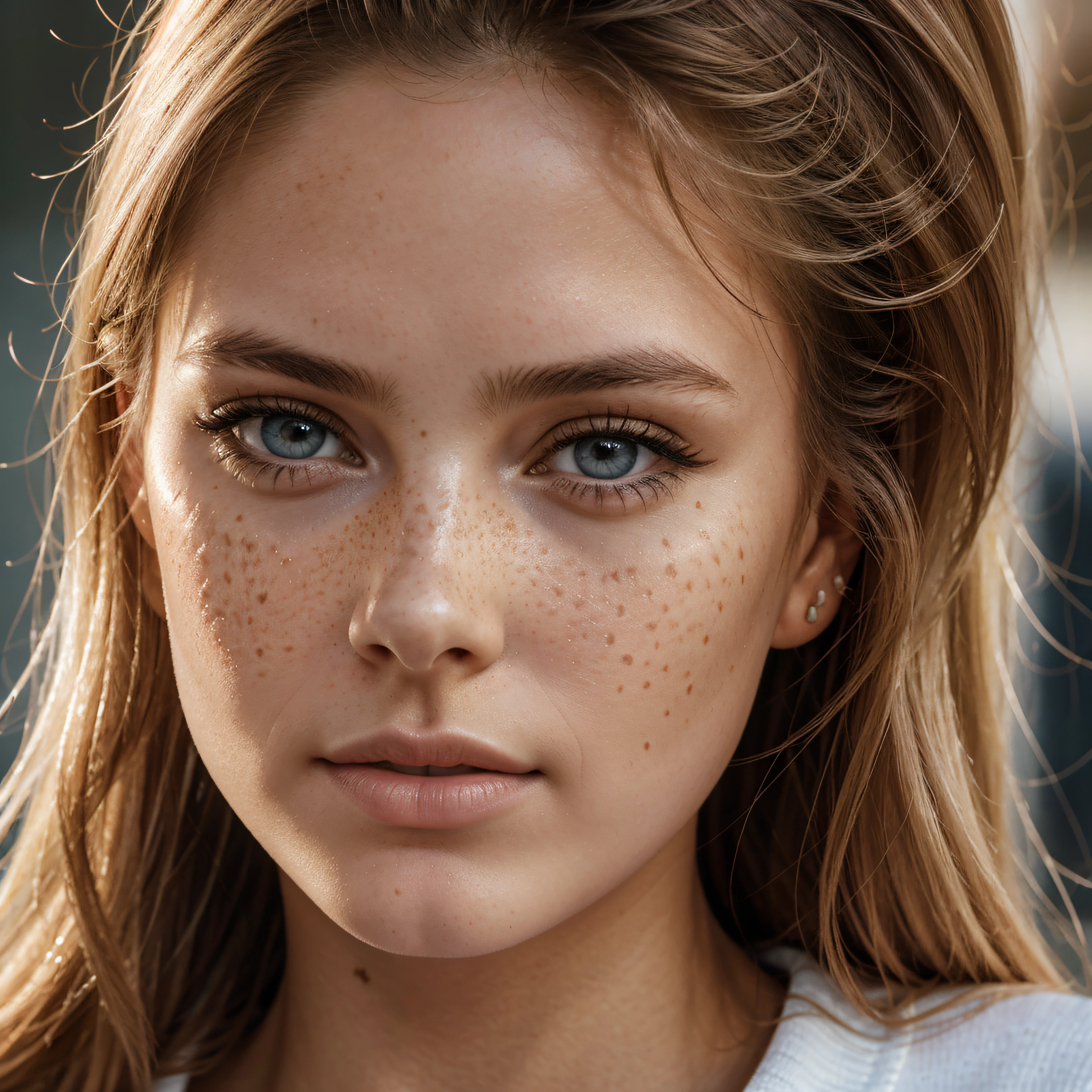 ultra face close up, face up,1Girl 18 years old, nur, Lange Haare, Blick auf den Betrachter, blonde hair, BLONDE, Blond girl, blaue Augen, Schmuck, Halskette, schulterfrei, pullover, lips, realistisch, Nase, Flirten mit der Kamera, close up shot, realism, detailed eyes, skin imperfection, small forhead, fine small freckles, natural, without reflection and shadow on the face, without glare, ultra high face texture, colours, realism, 8K, natural, big lips, full lips, hyper detailed photo, photorealistic, PHOTO, RAW, modeling, girl model, epic advertisment, cinematic shot, cinematic, pretty face, hot, sexy, NO WRINKLES,