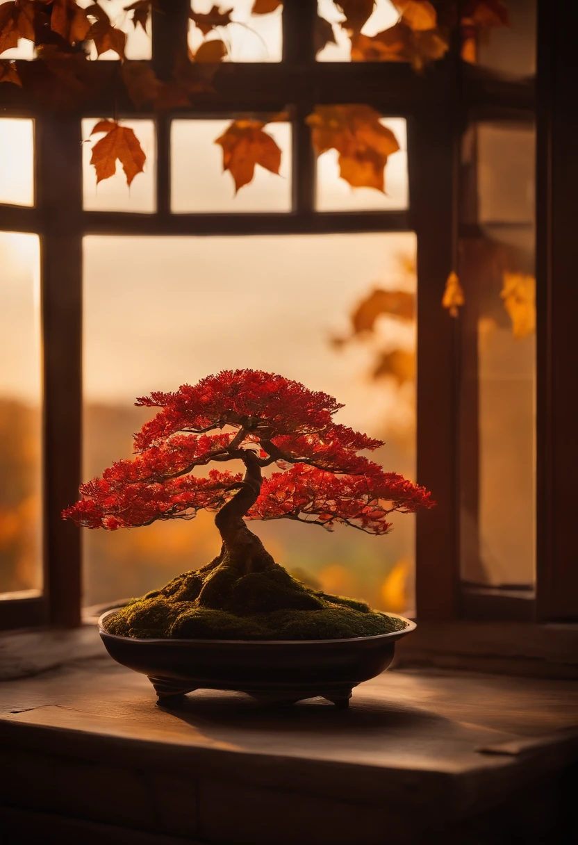 Colored leaves、Trees with autumn leaves、Beautiful autumn leaves,Ultra-exquisite details, intricate detailes, Cinematic, Hyper Real Soft Light, Sunset lighting, Diffuse Soft Light, Shallow depth of field, Sharp focus bokeh, Ray tracing, Subsurface scattering, Super Detail, (meticulous, Super refined) , Surreal realism, Bonsai on the windowsill, evening, Sunset, Bonsai illuminated by the setting sun, plant, potted plant, still-life, Autumn, Autumn leaves, stone garden, potted plant, Haze, masters , Award-Winning Works