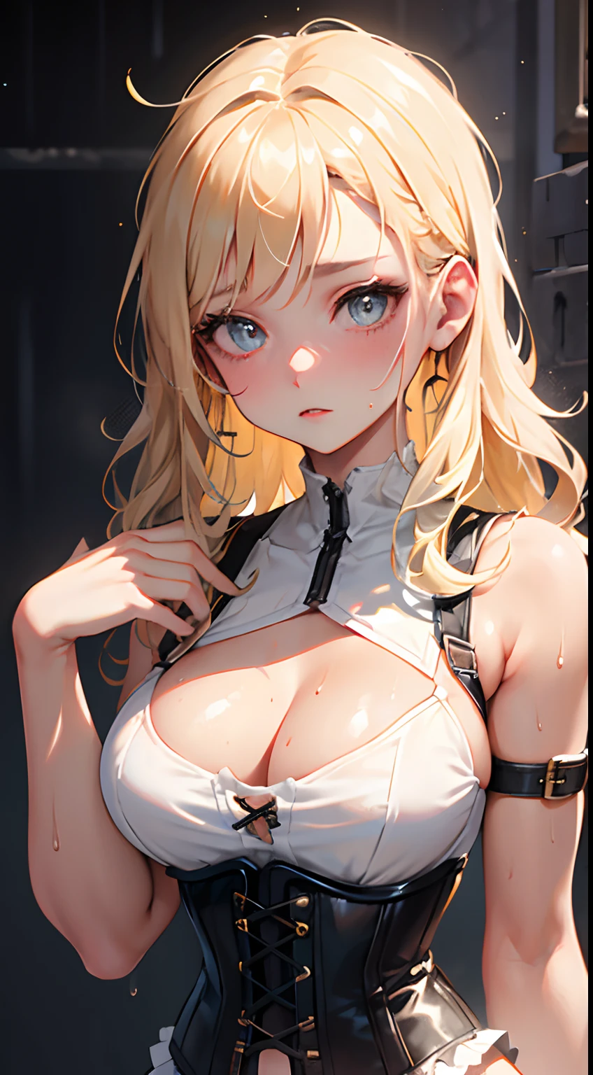 (1girl),large breasts, breasts, tan, dewy skin, sweaty skin, wavy blonde hair, corset top, punk girl