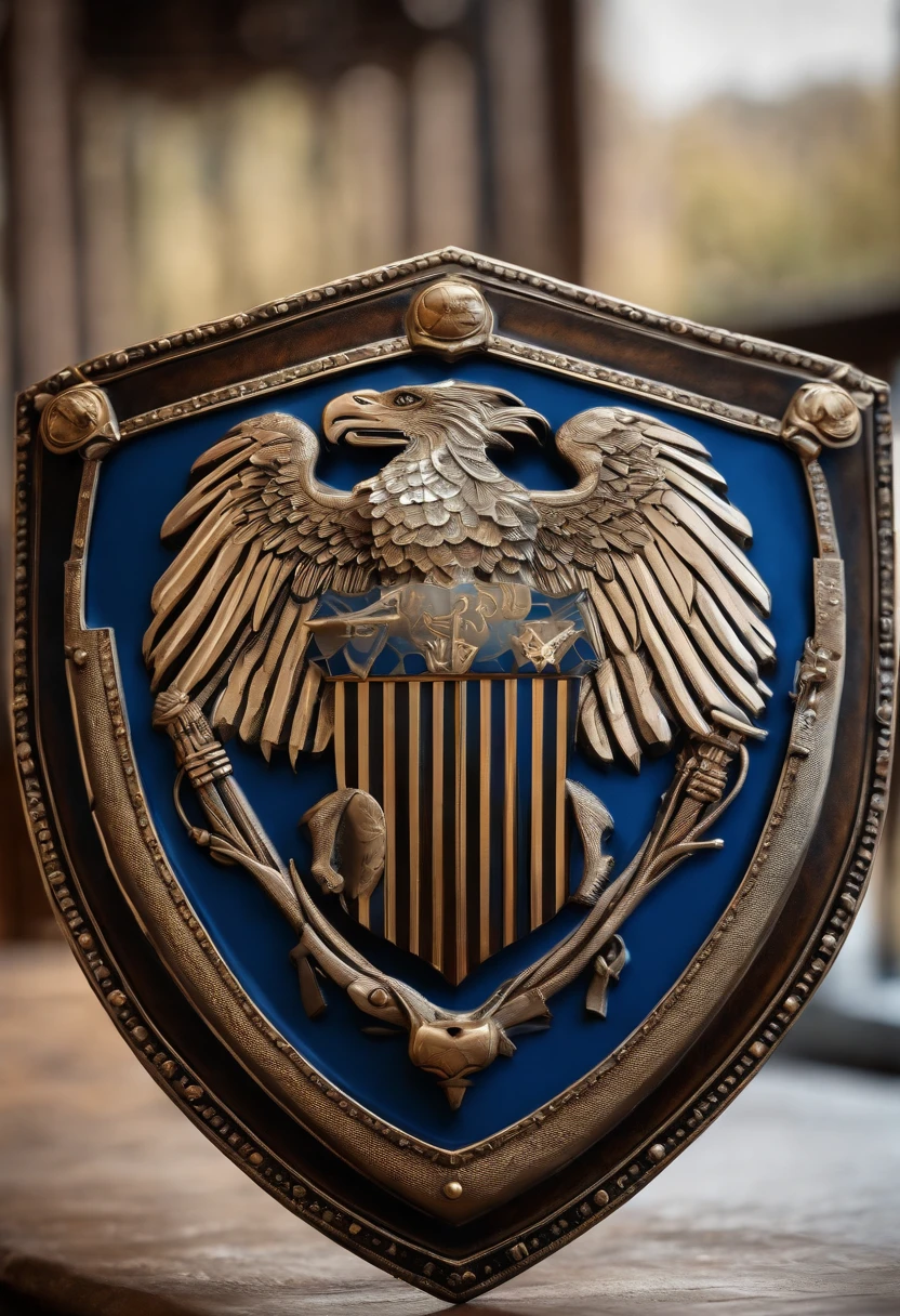 The shield has blue lines, the shield is made of metal, luxurious, on the face of the shield there are eagles and lions, engraved with the word "enternals" on the surface of the shield.