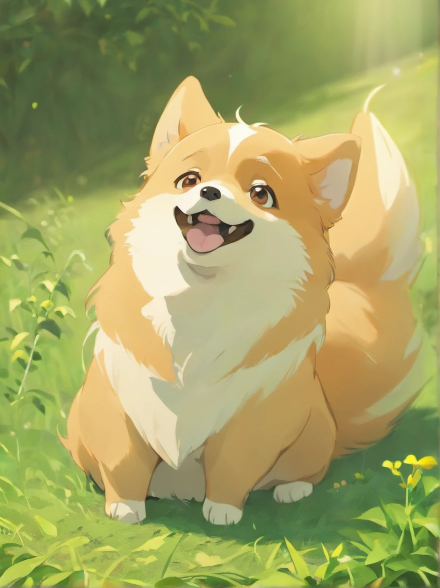 Corgi Chinese illustration movie lighting effects,A corgi dog sits on the grass,His eyes were staring at the screen,Optimize eye detail,A corgi dog sits on the grass,His eyes were staring at the screen,Optimize eye detail,best qualtiy,high detal,best qualtiy,8K, 3Drenderingof,VR5.0 renderer rendering,unreal engine 5 render