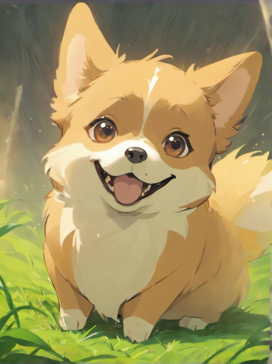 Corgi Chinese illustration movie lighting effects,A corgi dog sits on the grass,His eyes were staring at the screen,Optimize eye detail,A corgi dog sits on the grass,His eyes were staring at the screen,Optimize eye detail,best qualtiy,high detal,best qualtiy,8K, 3Drenderingof,VR5.0 renderer rendering,unreal engine 5 render