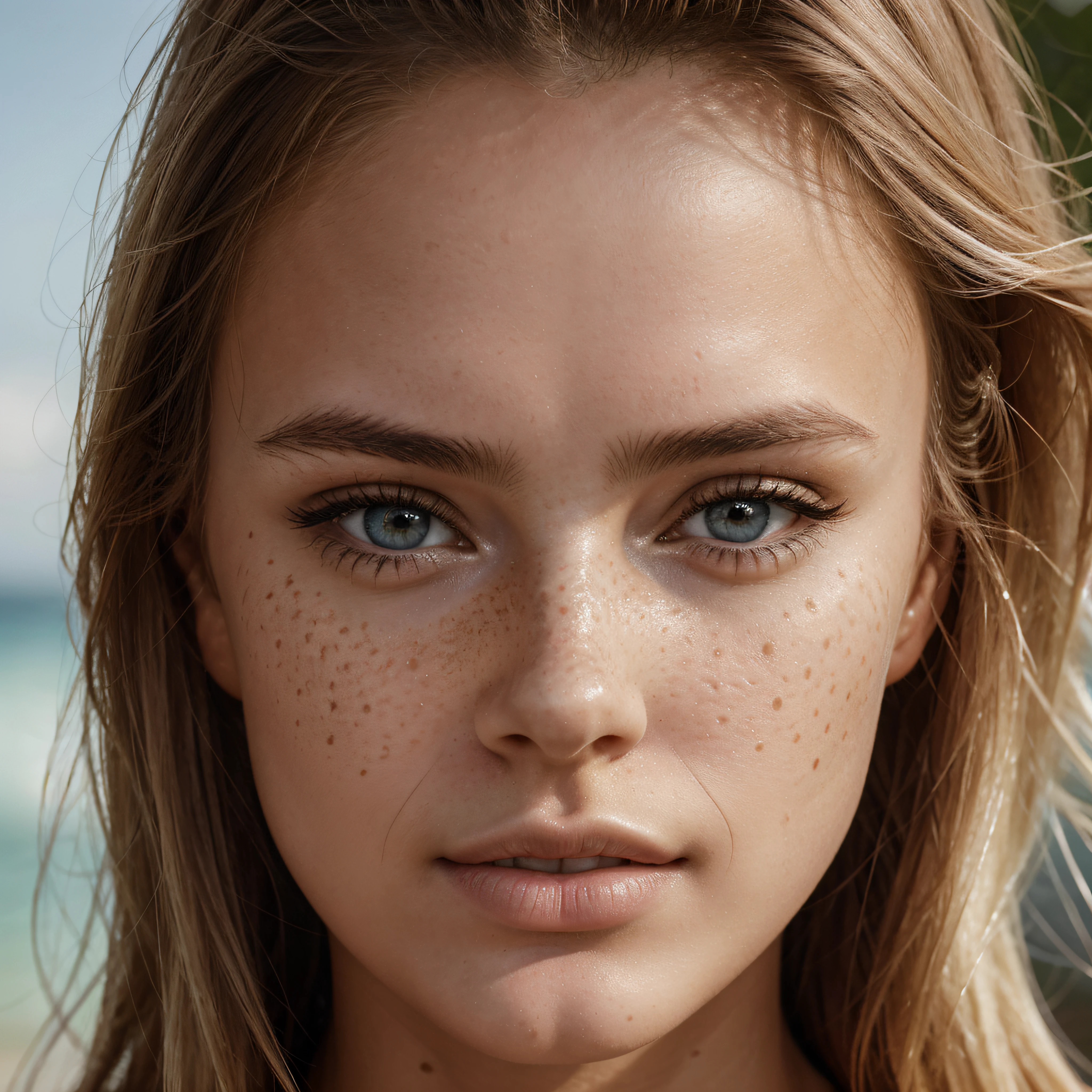 ultra face close up, face up,1Girl 18 years old, nur, Lange Haare, Blick auf den Betrachter, blonde hair, BLONDE, Blond girl, blaue Augen, Schmuck, Halskette, schulterfrei, pullover, lips, realistisch, Nase, Flirten mit der Kamera, close up shot, realism, detailed eyes, skin imperfection, small forhead, fine small freckles, natural, without reflection and shadow on the face, without glare, ultra high face texture, colours, realism, 8K, natural, big lips, full lips, hyper detailed photo, photorealistic, PHOTO, RAW, modeling, girl model, epic advertisment, cinematic shot, cinematic, pretty face, hot, sexy, NO WRINKLES,