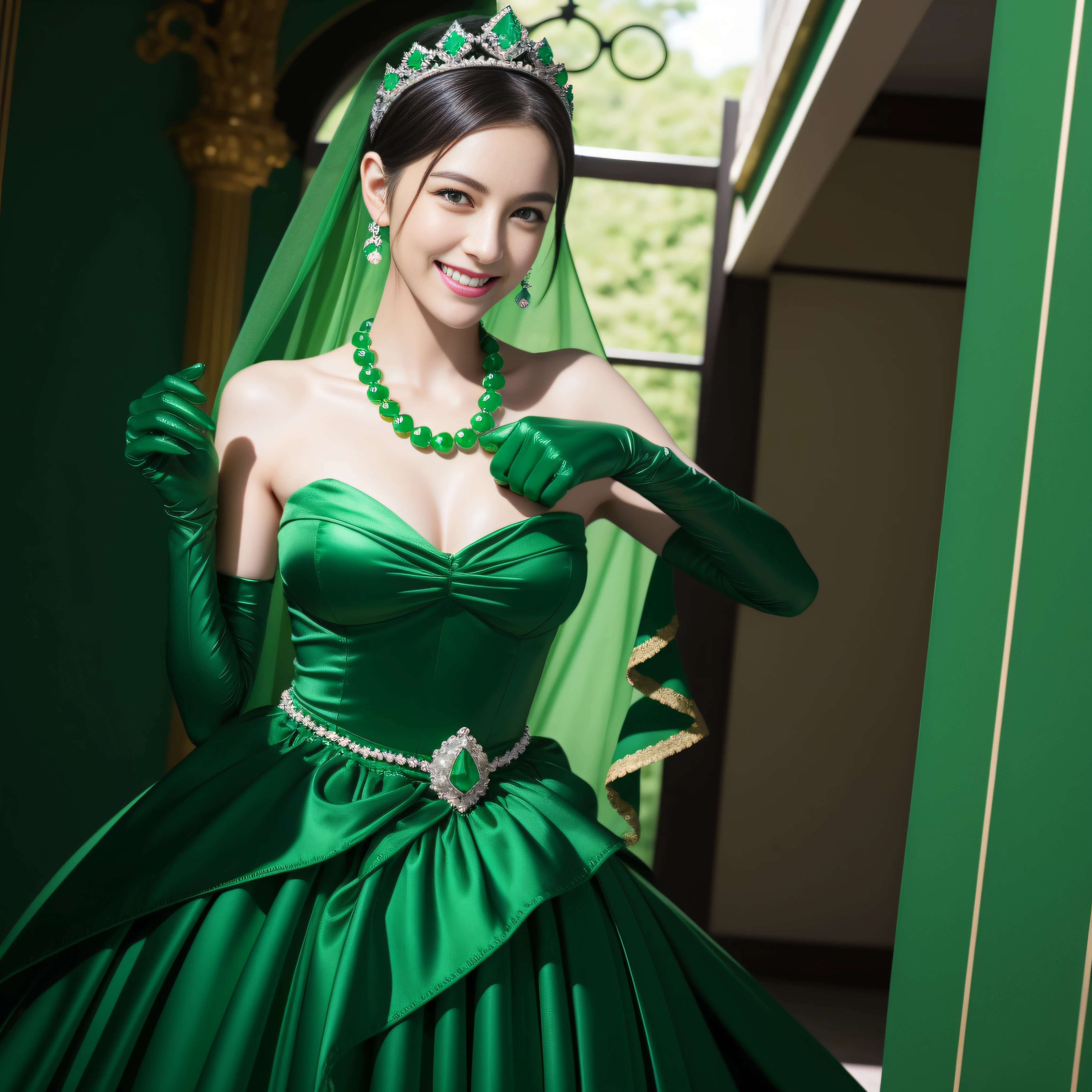 emerald tiara, Green Pearl Necklace, Boyish very short black hair, lipsticks, Japan woman smiling, very short short hair, big breasts beautiful, Green eyes, Long green gloves made of satin material, Green eyes, Emerald Earrings