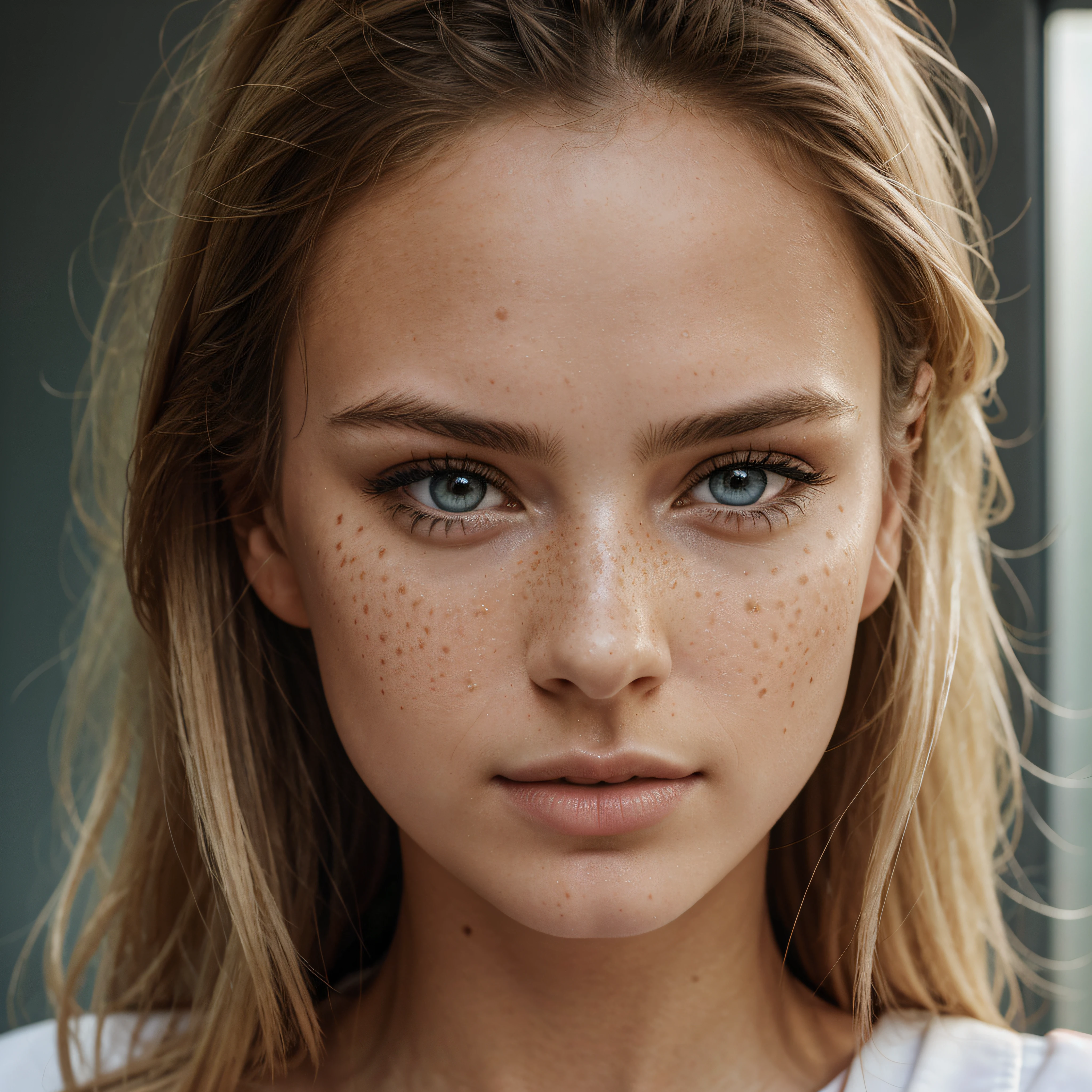 ultra face close up, face up,1Girl 18 years old, nur, Lange Haare, Blick auf den Betrachter, blonde hair, BLONDE, Blond girl, blaue Augen, Schmuck, Halskette, schulterfrei, pullover, lips, realistisch, Nase, Flirten mit der Kamera, close up shot, realism, detailed eyes, skin imperfection, small forhead, fine small freckles, natural, without reflection and shadow on the face, without glare, ultra high face texture, colours, realism, 8K, natural, big lips, full lips, hyper detailed photo, photorealistic, PHOTO, RAW, modeling, girl model, epic advertisment, cinematic shot, cinematic, pretty face, hot, sexy, NO WRINKLES,