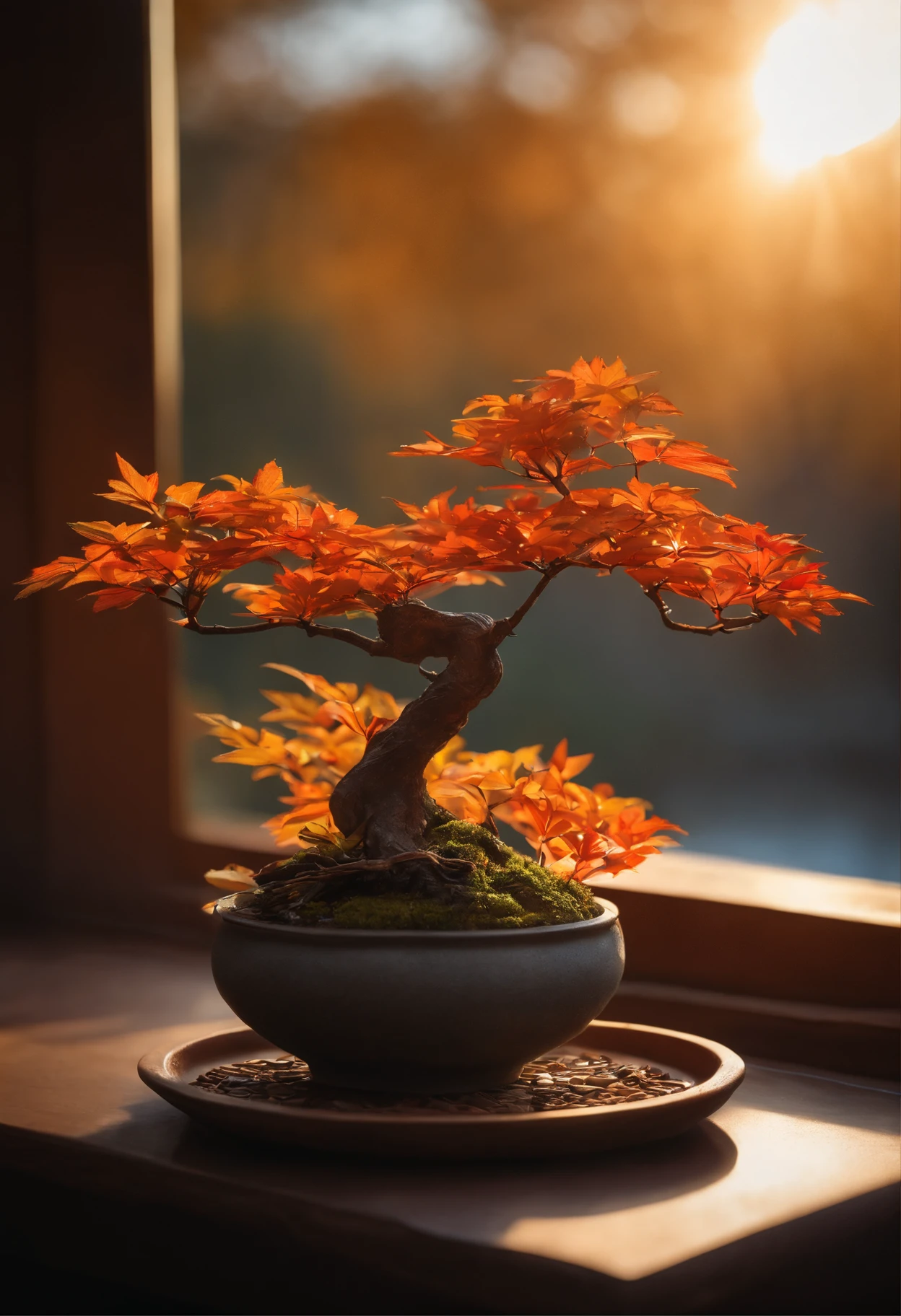 Colored leaves、Trees with autumn leaves、Beautiful autumn leaves,Ultra-exquisite details, intricate detailes, Cinematic, Hyper Real Soft Light, Sunset lighting, Diffuse Soft Light, Shallow depth of field, Sharp focus bokeh, Ray tracing, Subsurface scattering, Super Detail, (meticulous, Super refined) , Surreal realism, Bonsai on the windowsill, evening, Sunset, Bonsai illuminated by the setting sun, plant, potted plant, still-life, Autumn, Autumn leaves, stone garden, potted plant, Haze, masters , Award-Winning Works