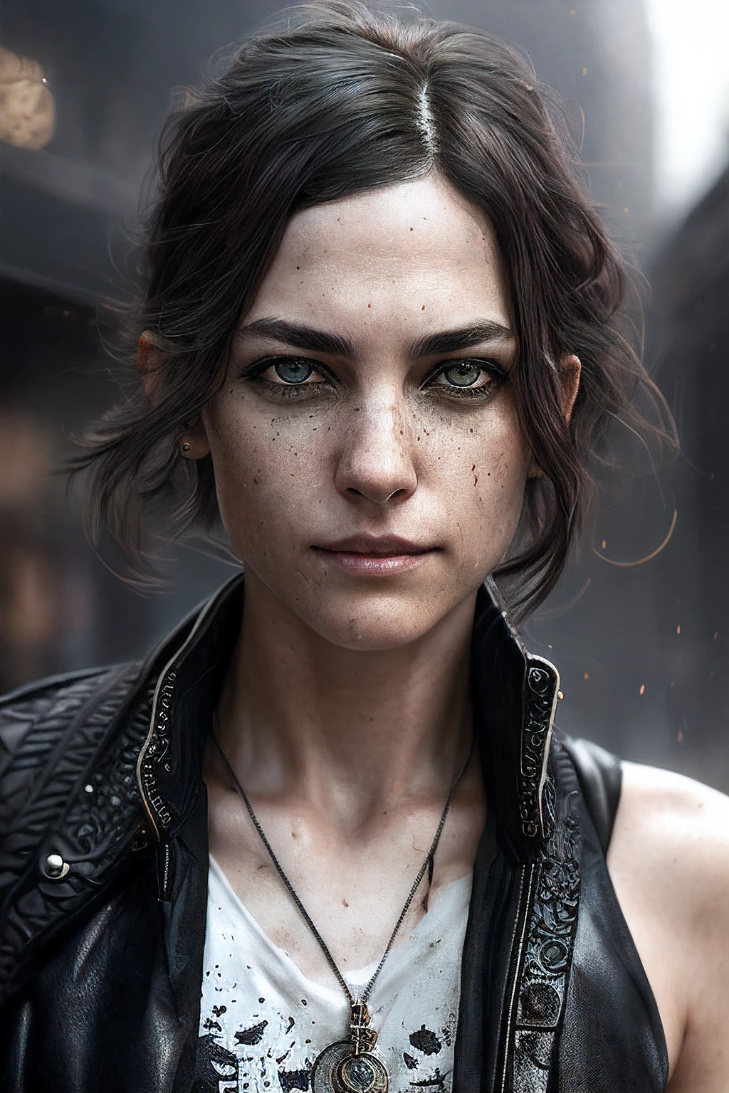 young woman, big grey eyes, rogue thief, tomboy, ((smirk)), intelligent, messy eye makeup, (perfectly shaped eyes), leather tank top, (black coat), (insanely detailed:1.5), Greg Rutkowski, ((detailed pupils)), (beautiful detailed face), ((cinematic look)), soothing tones, intricate details, hyperdetailed, soft cinematic light, dim colors, exposure blend,