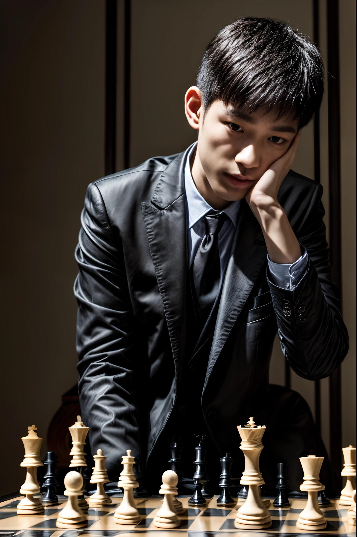 ((Masterpiece,Best quality)), 4K, A high resolution, Handsome boy in black suit, Sitting，Hotel，(playing chess:1.5) ,(primitive, 8K, hyper HD, Fujifilm XT3),