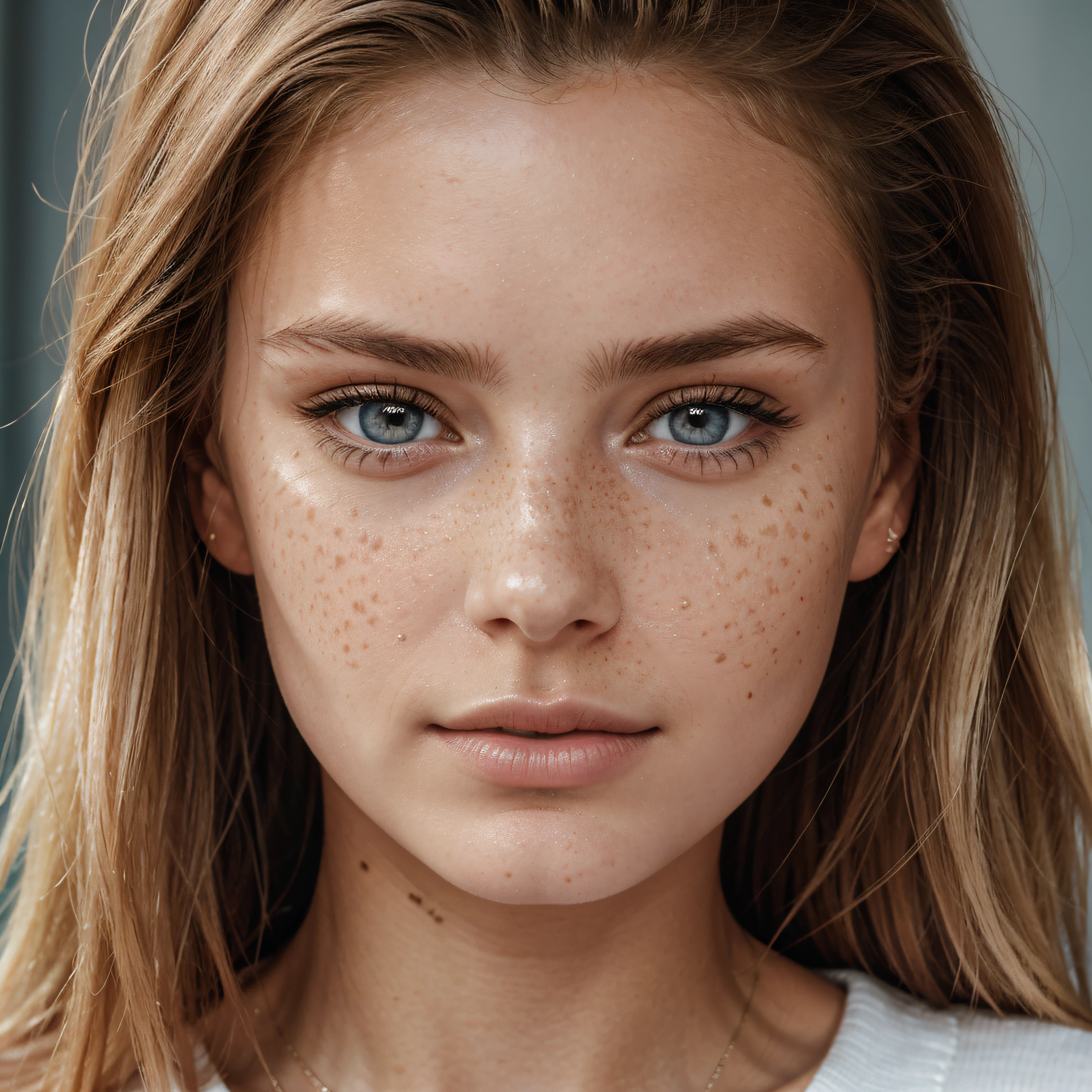 ultra face close up, face up,1Girl 18 years old, nur, Lange Haare, Blick auf den Betrachter, blonde hair, blaue Augen, Schmuck, Halskette, schulterfrei, pullover, lips, realistisch, Nase, Flirten mit der Kamera, close up shot, realism, detailed eyes, skin imperfection, fine small freckles, natural, without reflection and shadow on the face, without glare, ultra high face texture, colours, realism, 8K, natural, big lips, full lips, hyper detailed photo, photorealistic,