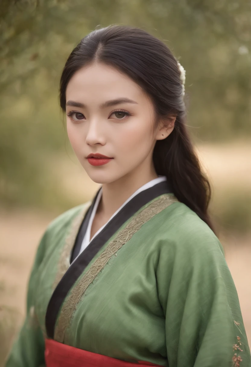 light skinned, Women around 19 years old, Natural black hair, Distinctive black eyes,Wearing the Twelve Simple, slender and graceful,, Beautiful, Sunset with Heian period atmosphere, Ultra Sharp Focus, realistic shot, Peace Women's Clothing,Bright red sunset，Green steppe，Green Tree々