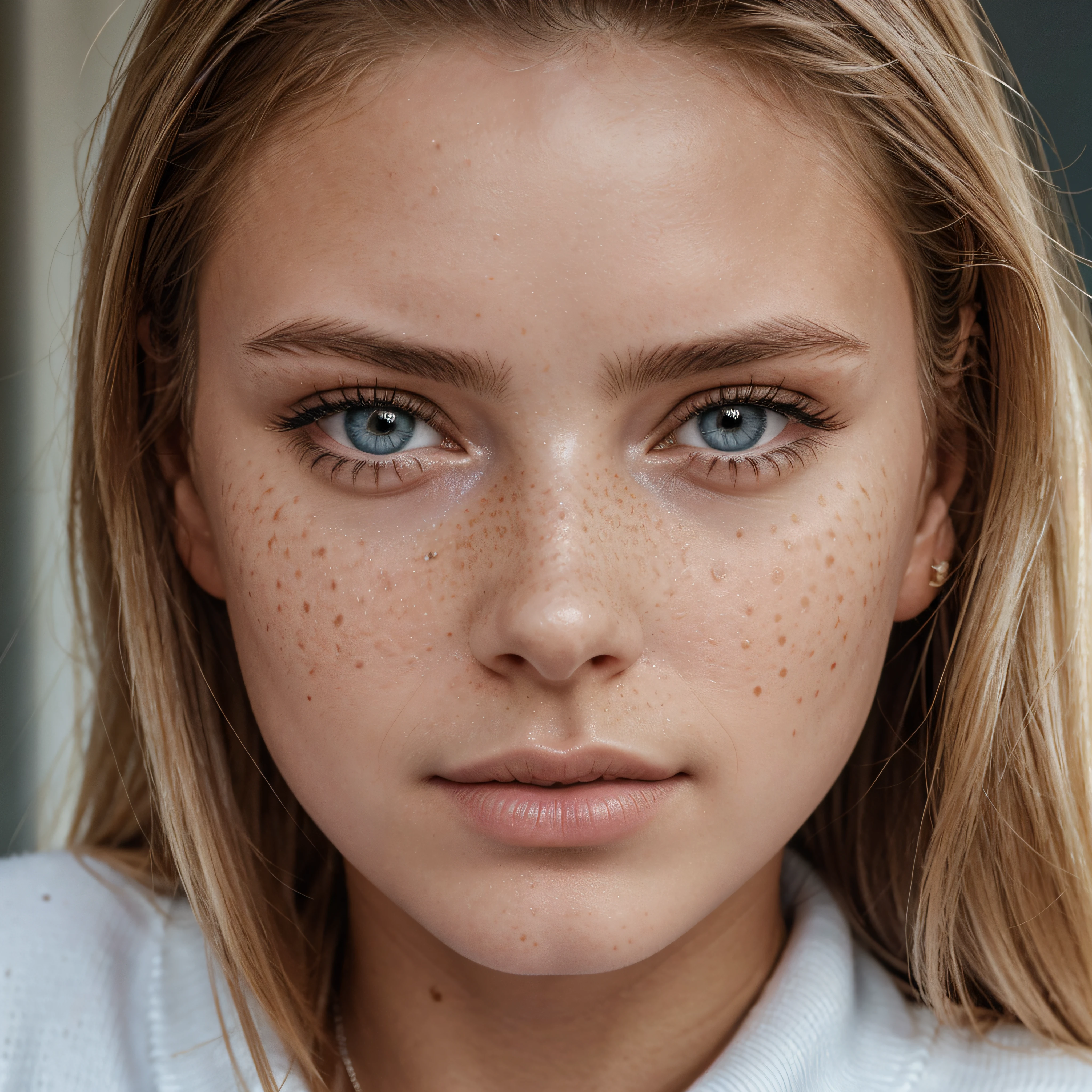 Belle fille au yeux clair, with brown hair and some freckles, dressed with a white Nike hoodie, ultra realistic image