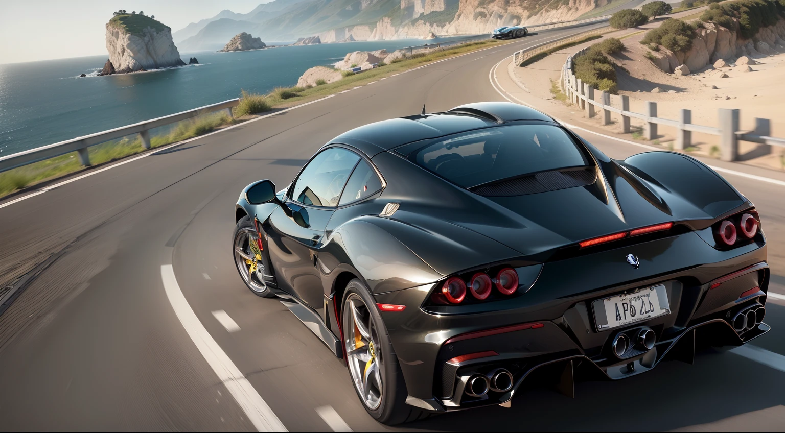 (photorealistic, high resolution:1.3) image of an elegant Ferrari, featuring a (sleek and aerodynamic body:1.2) with (smooth contours:1.1), (precision-crafted lines:1.2), and a (lustrous black metallic paint:1.1) that glistens under the sun. The (iconic Ferrari emblem:1.2) proudly sits on the (prominent front grille:1.1), accentuated by (sharp and piercing LED headlights:1.2). The (low-slung stance:1.1) is complemented by (gorgeous alloy wheels:1.2) with a (polished chrome finish:1.1) and (low-profile performance tires:1.2).


As the Ferrari speeds down the road, you can see the (streamlined side mirrors:1.1), (subtle air vents:1.2), and the (dual exhaust pipes:1.1) emitting a deep and powerful roar. The (windshield:1.2) seamlessly blends into the (tinted windows:1.1), adding a touch of mystery. The (sculpted rear end:1.2) features (sleek taillights:1.1) that leave a lasting impression.


This elegant Ferrari is captured in motion, with a (blurred background:1.2) showcasing a (beautiful coastal road:1.1) winding through (lush green hills:1.2). The image captures the (speed and agility:1.1) of the car, with (motion blur:1.2) conveying a sense of exhilaration. The overall composition is (dynamic and visually striking:1.1), emphasizing the timeless elegance and performance of the Ferrari.