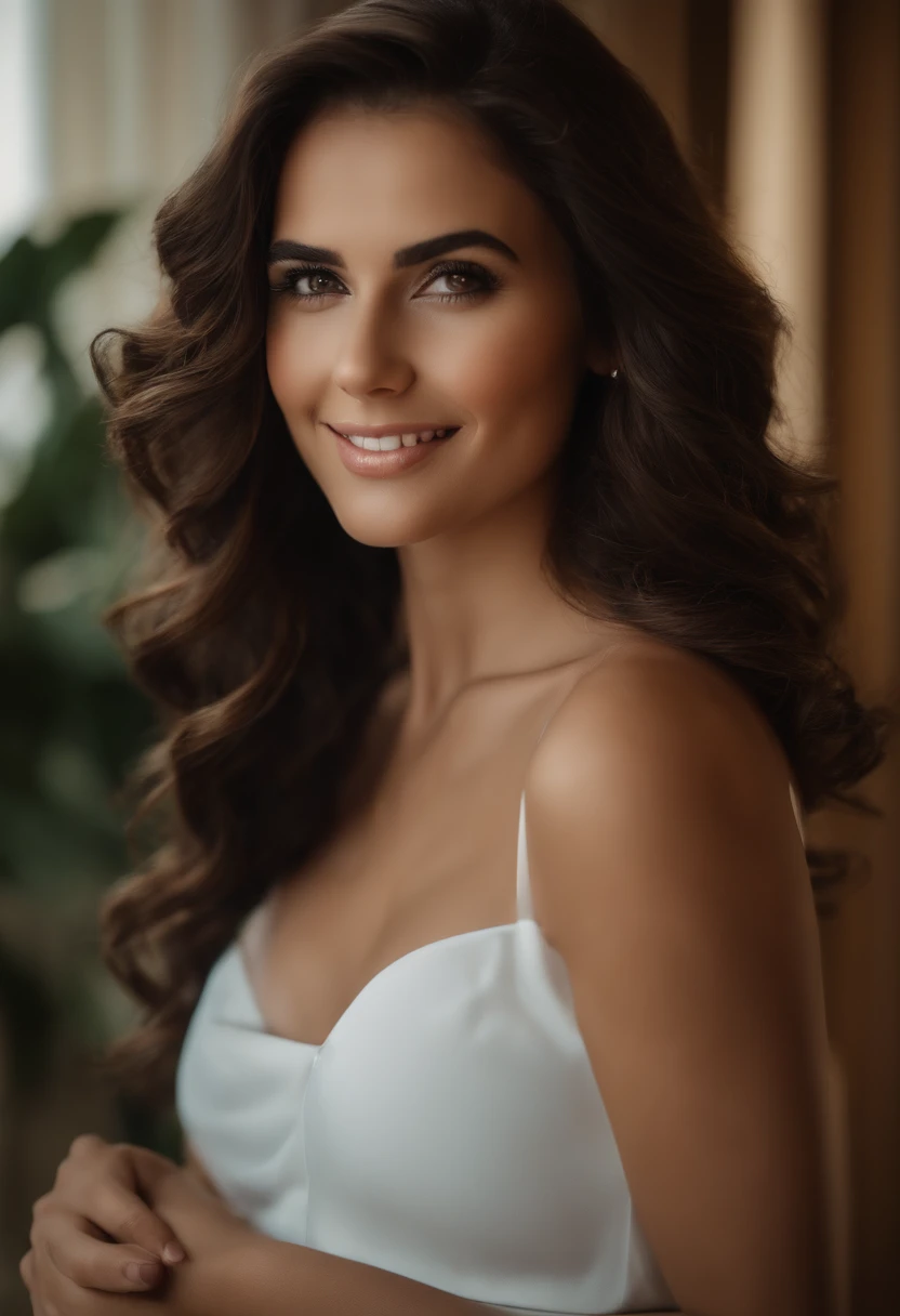 best quality,4k,8k,highres,masterpiece:1.2,ultra-detailed,realistic:1.37,portraits,professional,studio lighting,beautiful detailed eyes,beautiful detailed lips,long eyelashes,29 year old woman,smiling,brown eyes,rosy cheeks,shiny red lips,glowing skin,brunette hair,medium length hair,soft curls,stylish professional attire,confident pose,friendly expression,vivid colors,subtle warm tones,soft natural lighting