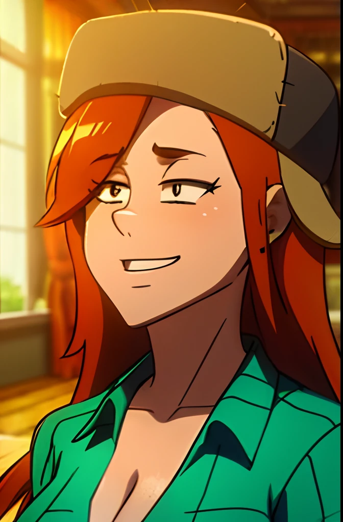 wendy corduroy,  masterpiece, best quality, 1girl, solo, hat, long hair, shirt, smile, orange hair, freckles, earrings, jewelry, green shirt, collared shirt, indoors,huge breasts,upper body,