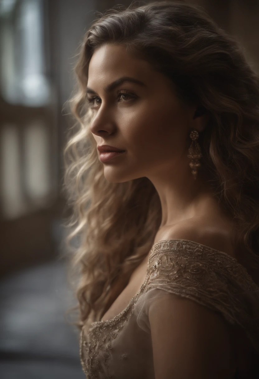 mulher bem vestida com olhos e cabelos castanhos em um fundo de universo