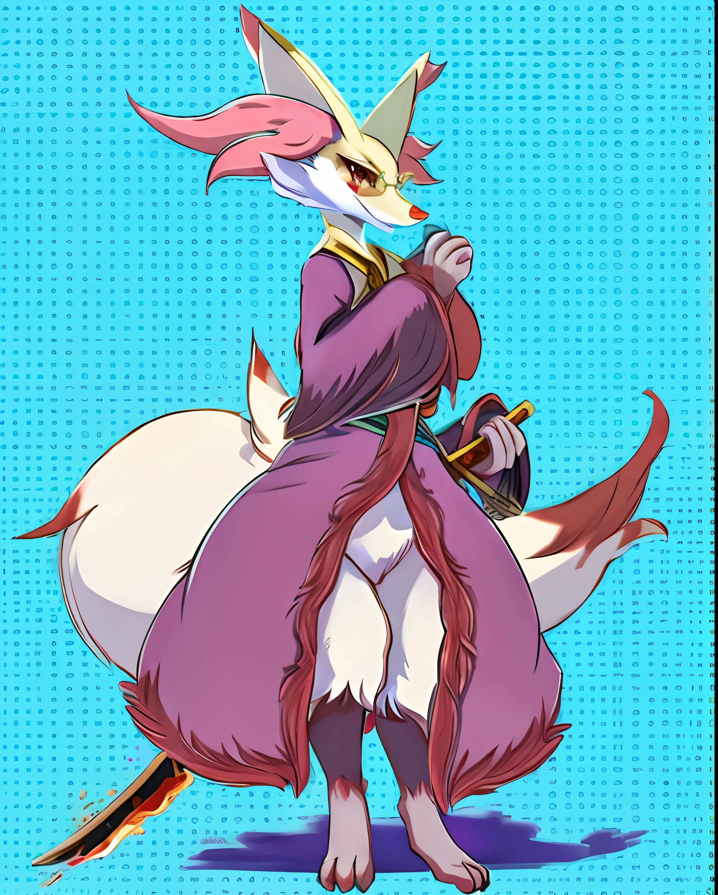 Orielntal white female Delphox, wearing a pink kimono and thin round glasses and also holding a fire katana in his mouth.