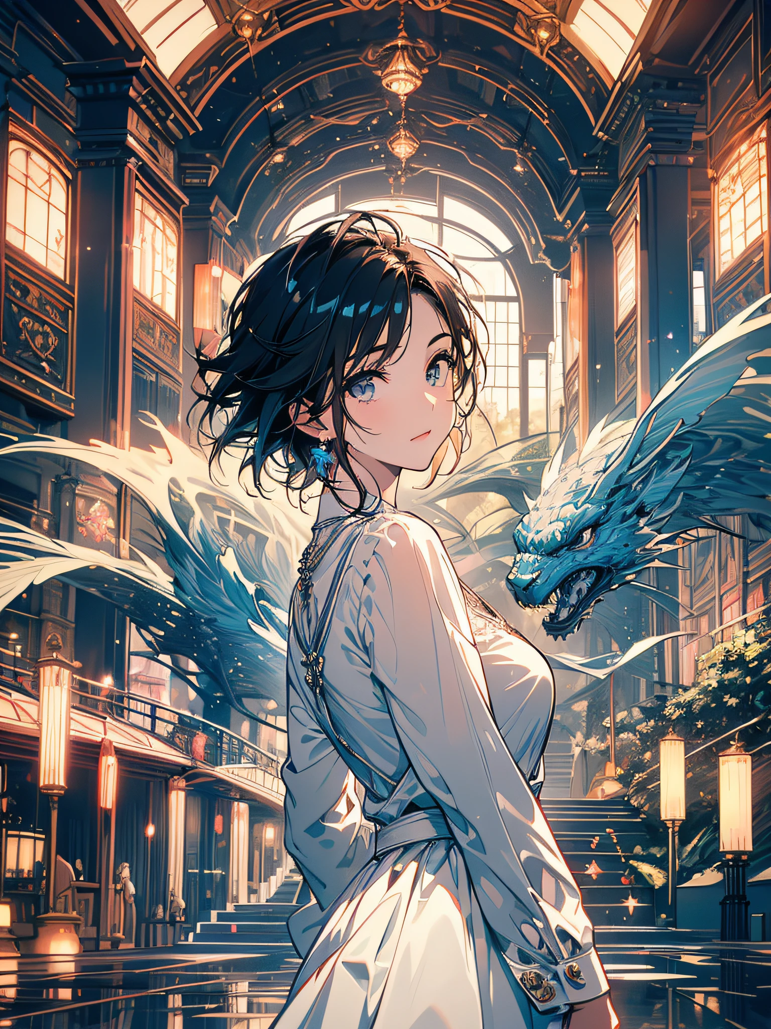 Boy face to face with girl, tense atmosphere, shyness, shy faces, boy with light brown eyes and short black hair shaved on the sides, girl with dark eyes, short black hair, in a square with fountains, (ultra-realistic), { extremely detailed CG unit 8k wallpaper}, Expansive landscape photography, (a view from below that shows the wide angle, expansive open field view), (low-angle shot), (light: 1.5), (warm light source : 1.2), complex details, (Iridescent colors: 1.2), (bright lighting), (atmospheric lighting), dreamy, romantic, fairy tale